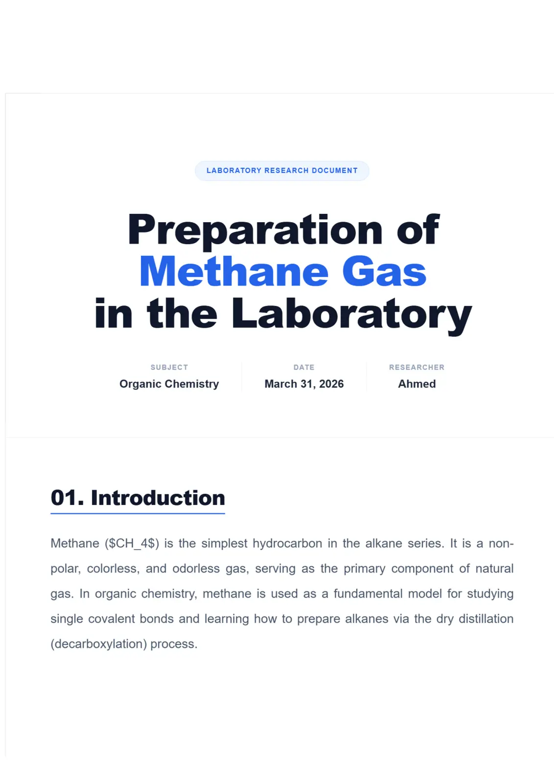 غلاف تقرير LABORATORY RESEARCH DOCUMENT Preparation of Methane Gas in the Laboratory