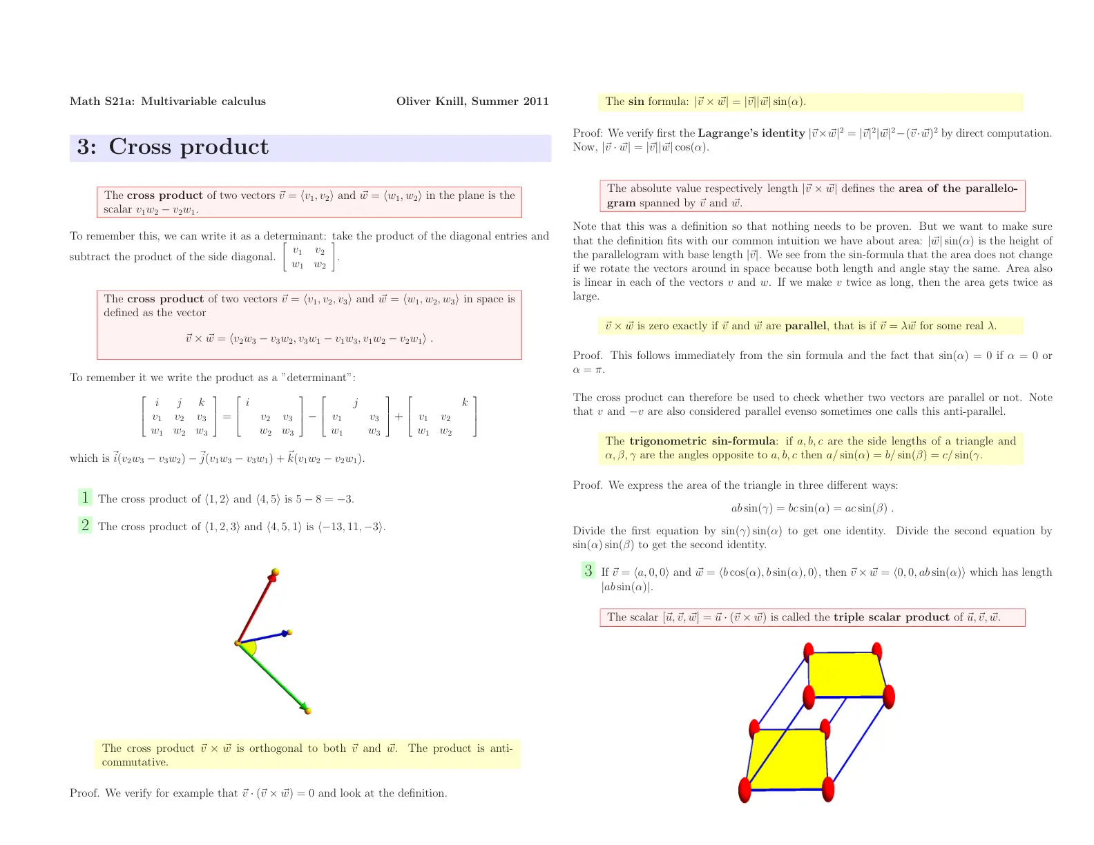 غلاف تقرير Math S21a: Multivariable Calculus - Cross Product