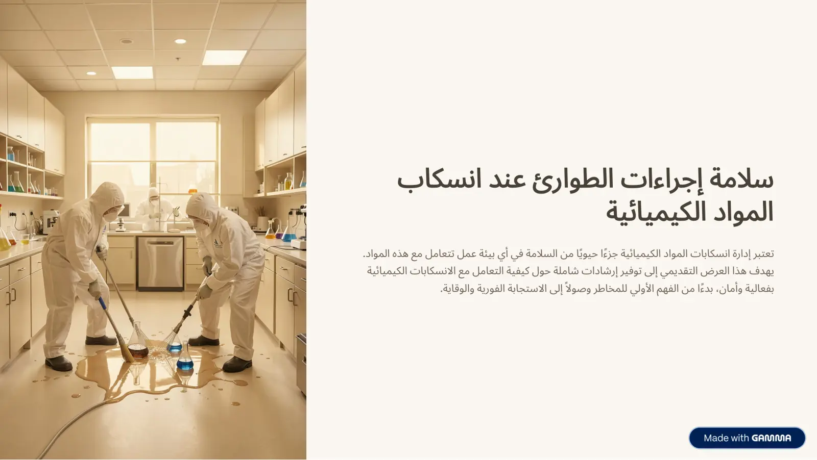 غلاف تقرير سلامة إجراءات الطوارئ عند انسكاب المواد الكيميائية