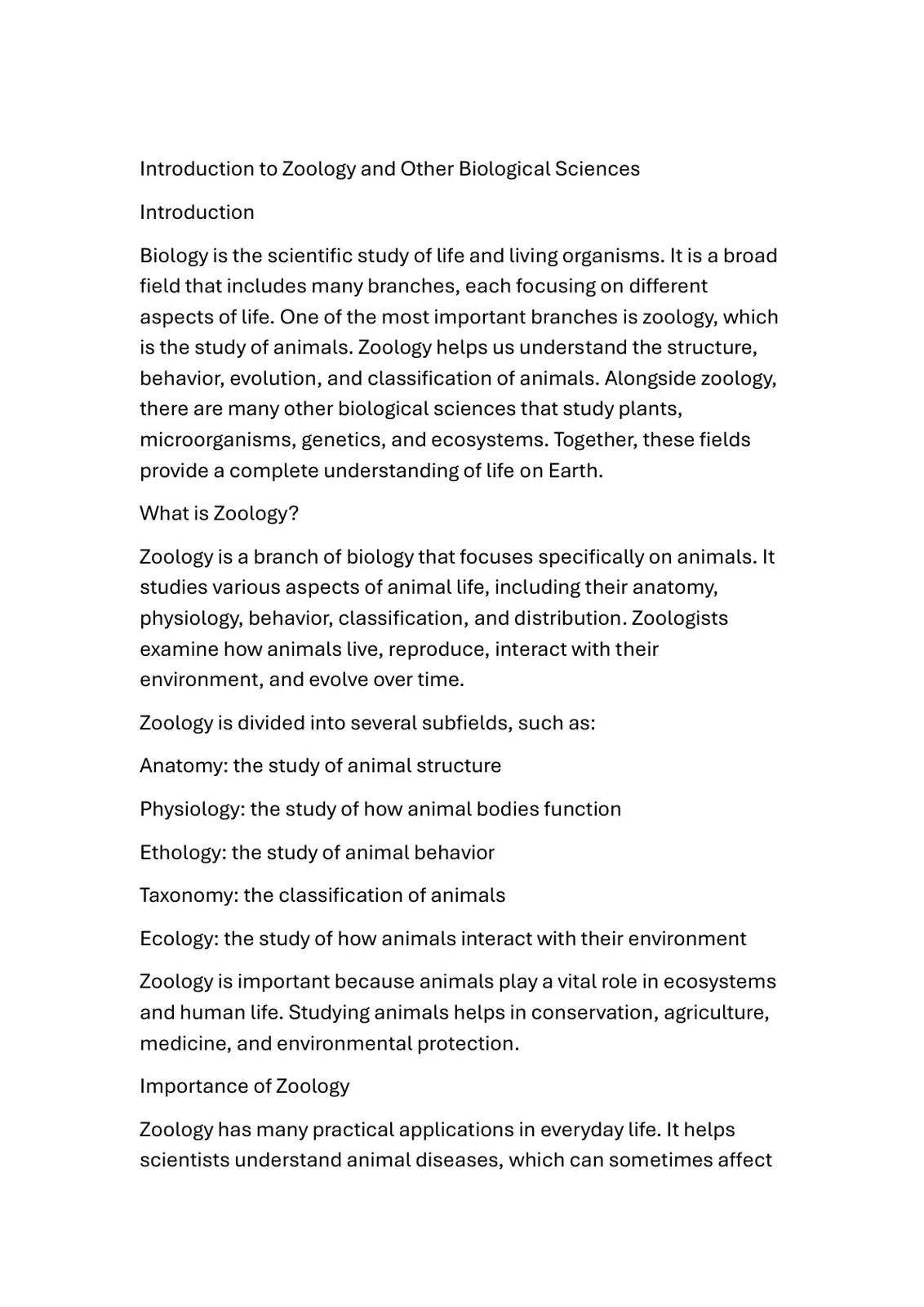 غلاف تقرير Introduction to Zoology and Other Biological Sciences