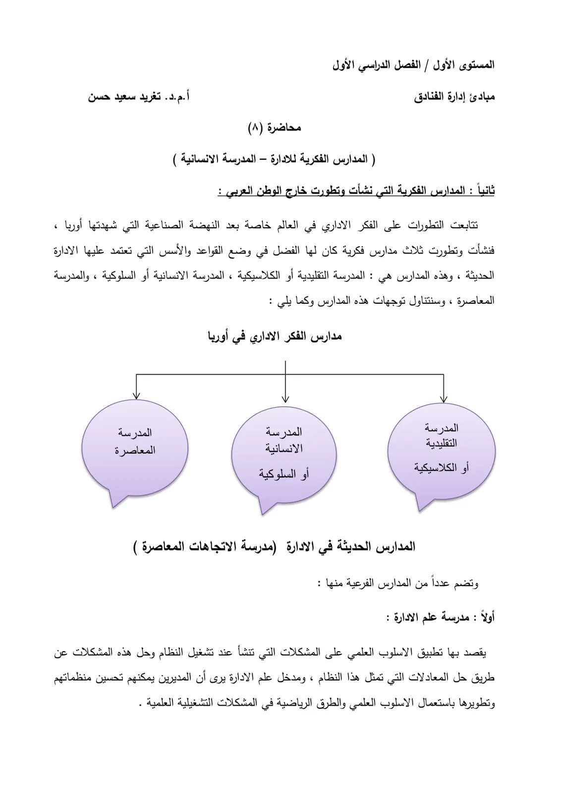 غلاف تقرير محاضرة (۸) ( المدارس الفكرية للادارة - المدرسة الانسانية )
