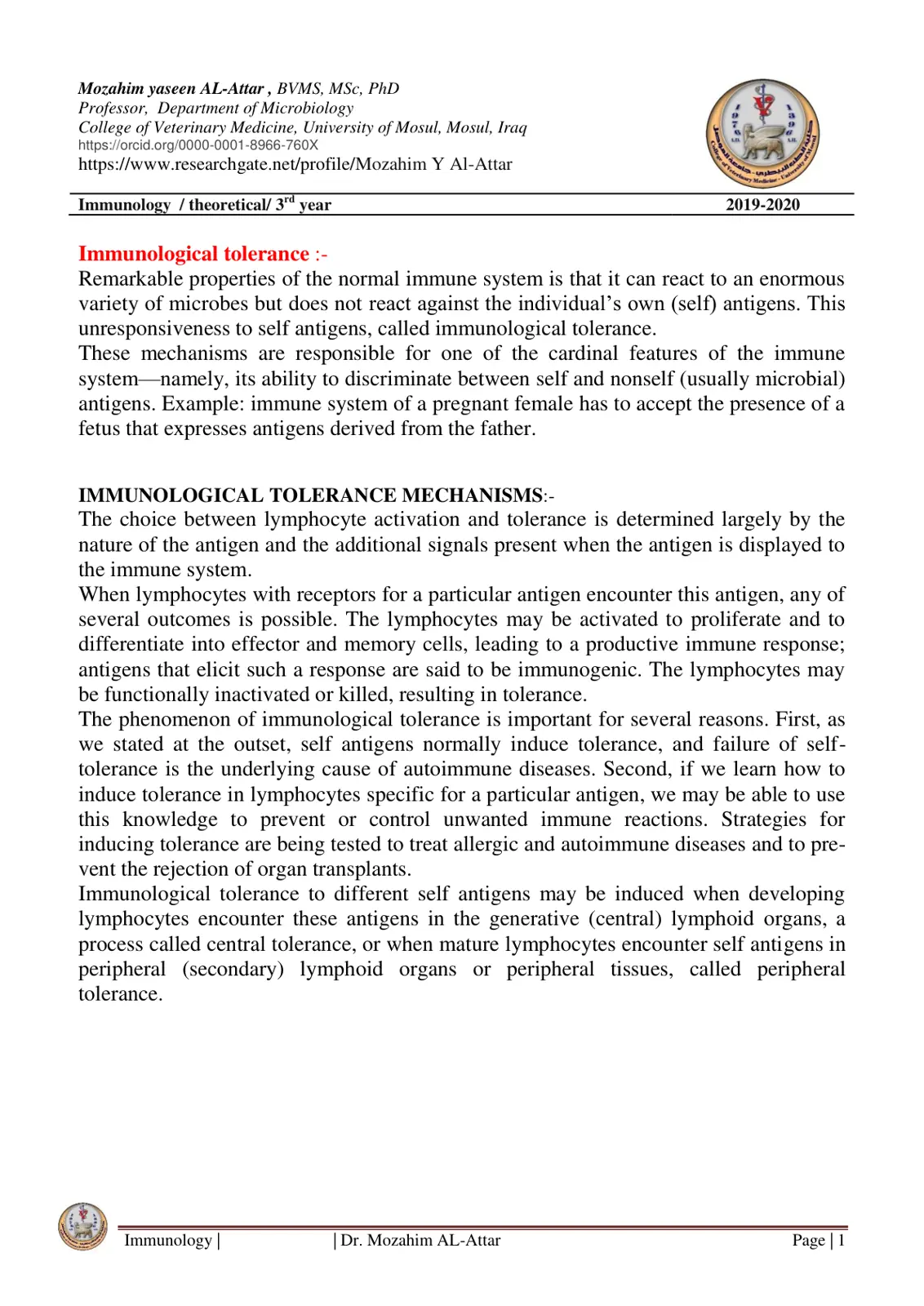 غلاف تقرير Immunological tolerance : Theoretical