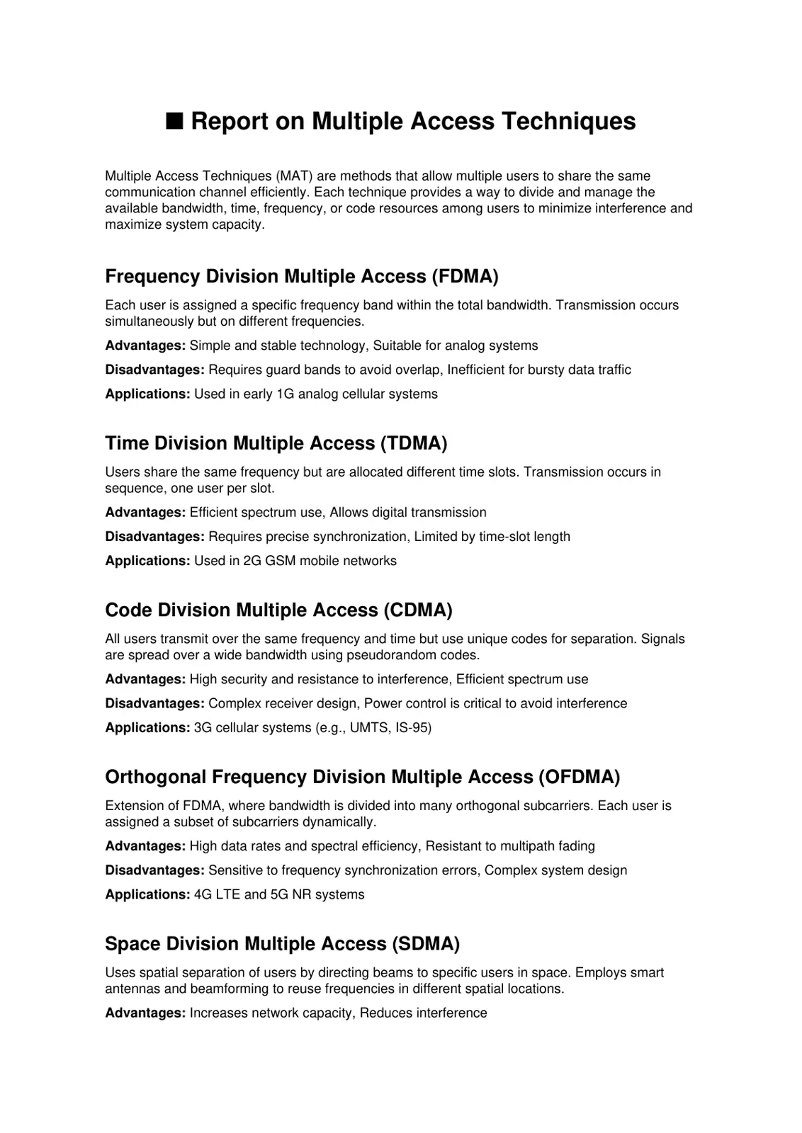 غلاف تقرير Report on Multiple Access Techniques