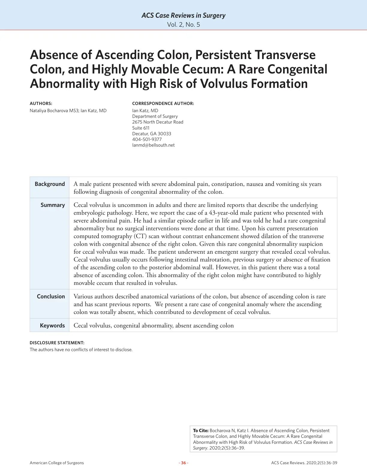 غلاف تقرير Absence of Ascending Colon, Persistent Transverse Colon, and Highly Movable Cecum: A Rare Congenital Abnormality with High Risk of Volvulus Formation