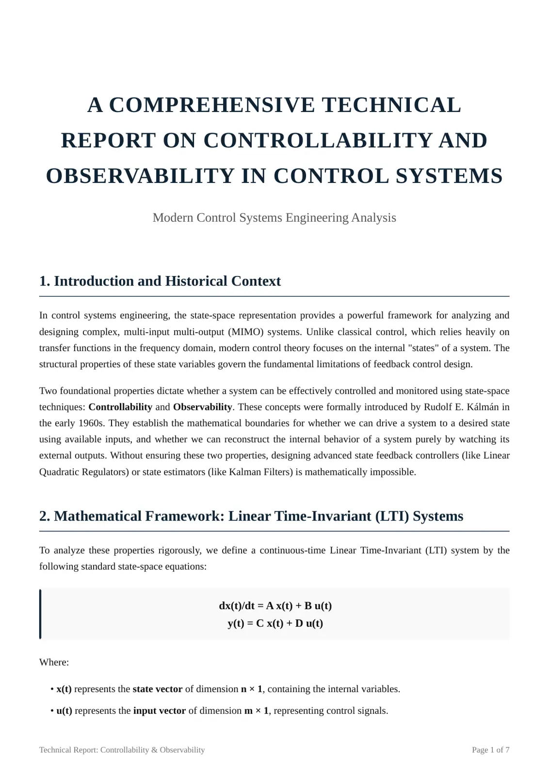 غلاف تقرير A Comprehensive Technical Report on Controllability and Observability in Control Systems