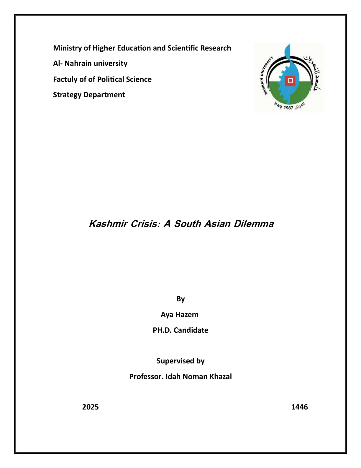 غلاف تقرير Iran 1987 – Kashmir Crisis: A South Asian Dilemma