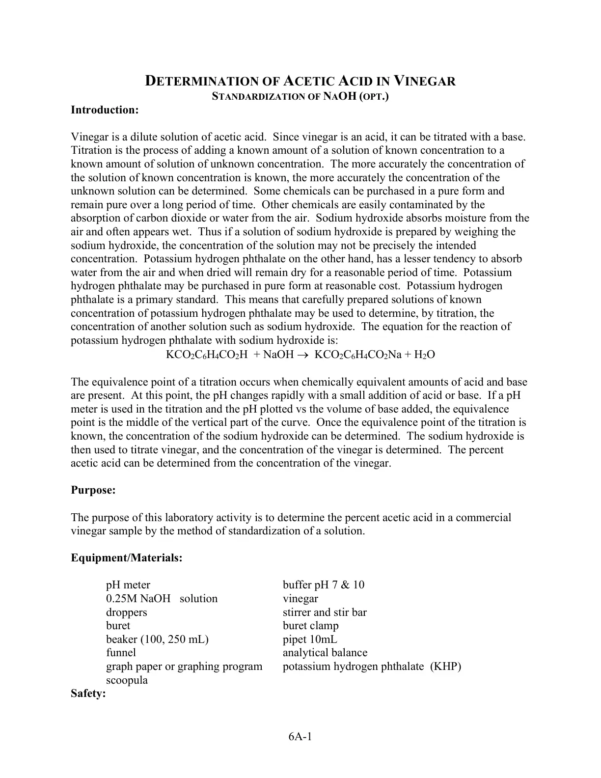 غلاف تقرير Determination of Acetic Acid in Vinegar: Standardization of NaOH (Opt.)