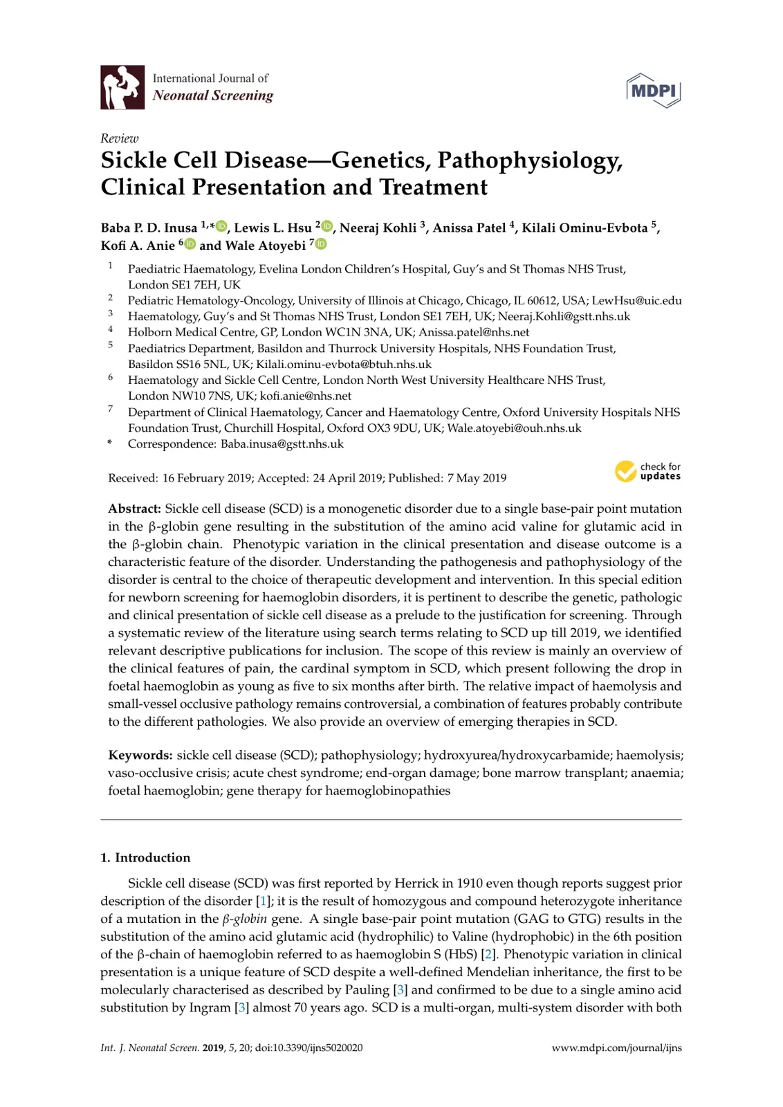 غلاف تقرير Sickle Cell Disease - Genetics, Pathophysiology, Clinical Presentation and Treatment