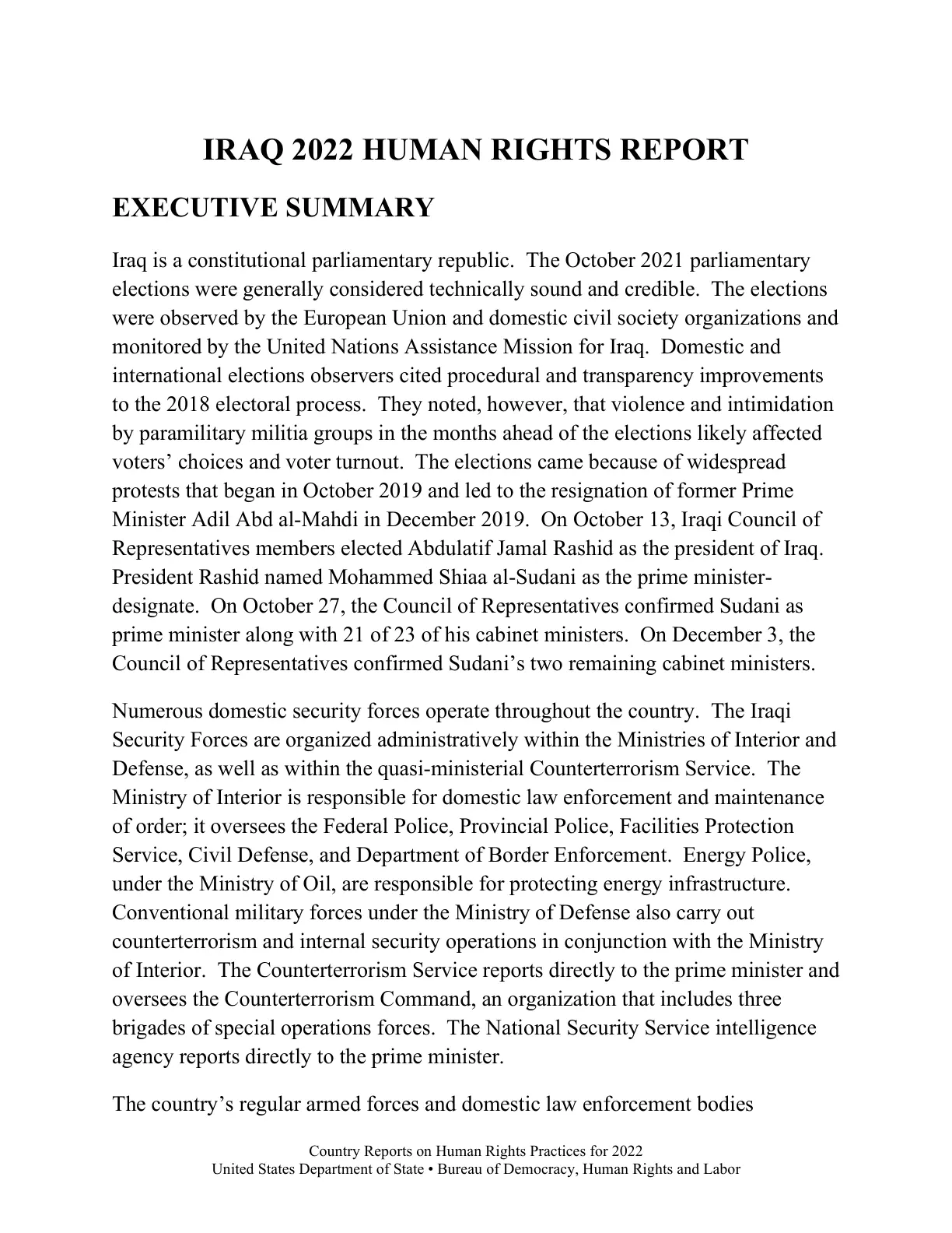 غلاف تقرير IRAQ 2022 HUMAN RIGHTS REPORT