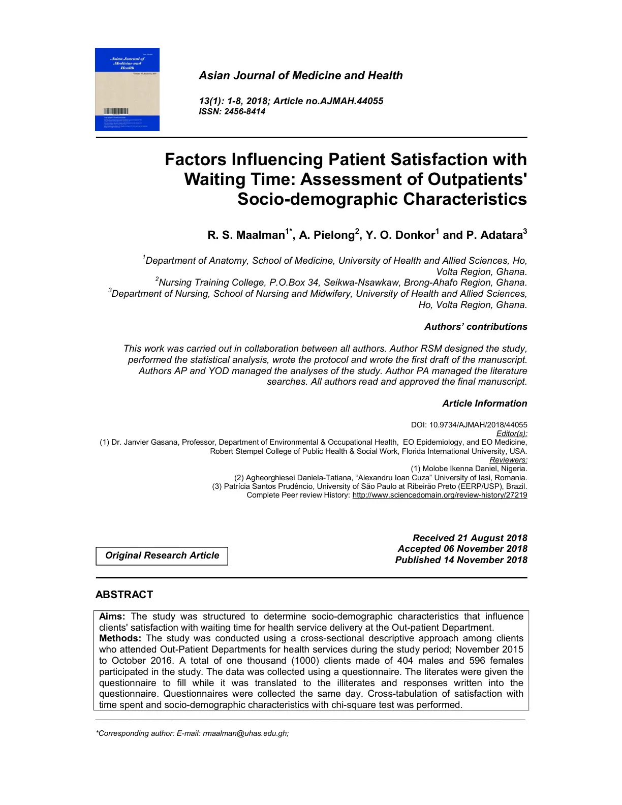 غلاف تقرير Factors Influencing Patient Satisfaction with Waiting Time: Assessment of Outpatients' Socio-demographic Characteristics