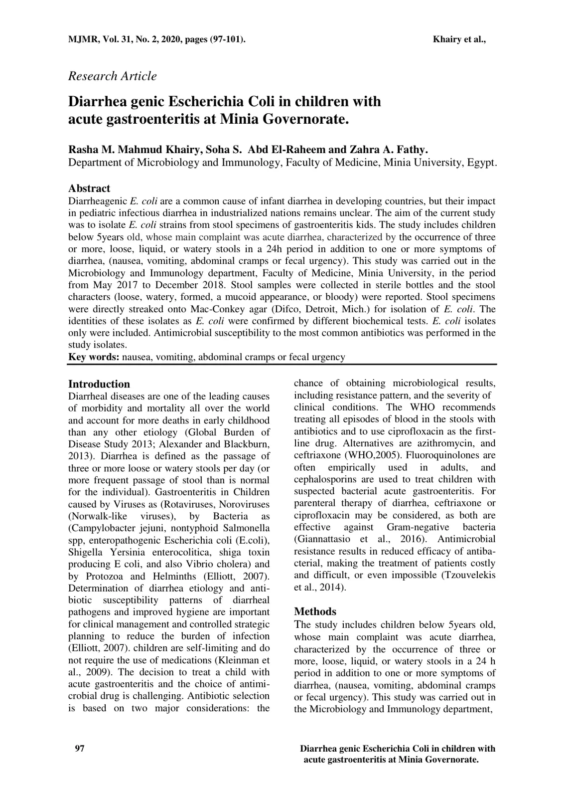 غلاف تقرير Diarrheagenic Escherichia Coli in children with acute gastroenteritis at Minia Governorate.