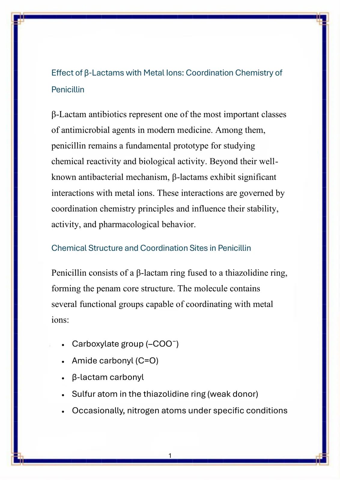 غلاف تقرير Effect of β-Lactams with Metal Ions: Coordination Chemistry of Penicillin