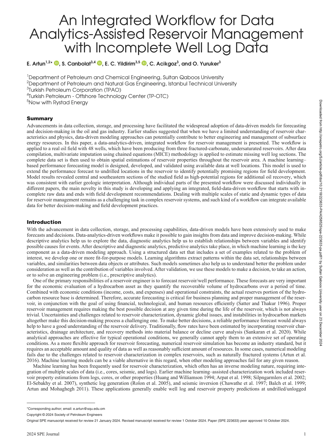 غلاف تقرير An Integrated Workflow for Data Analytics-Assisted Reservoir Management with Incomplete Well Log Data