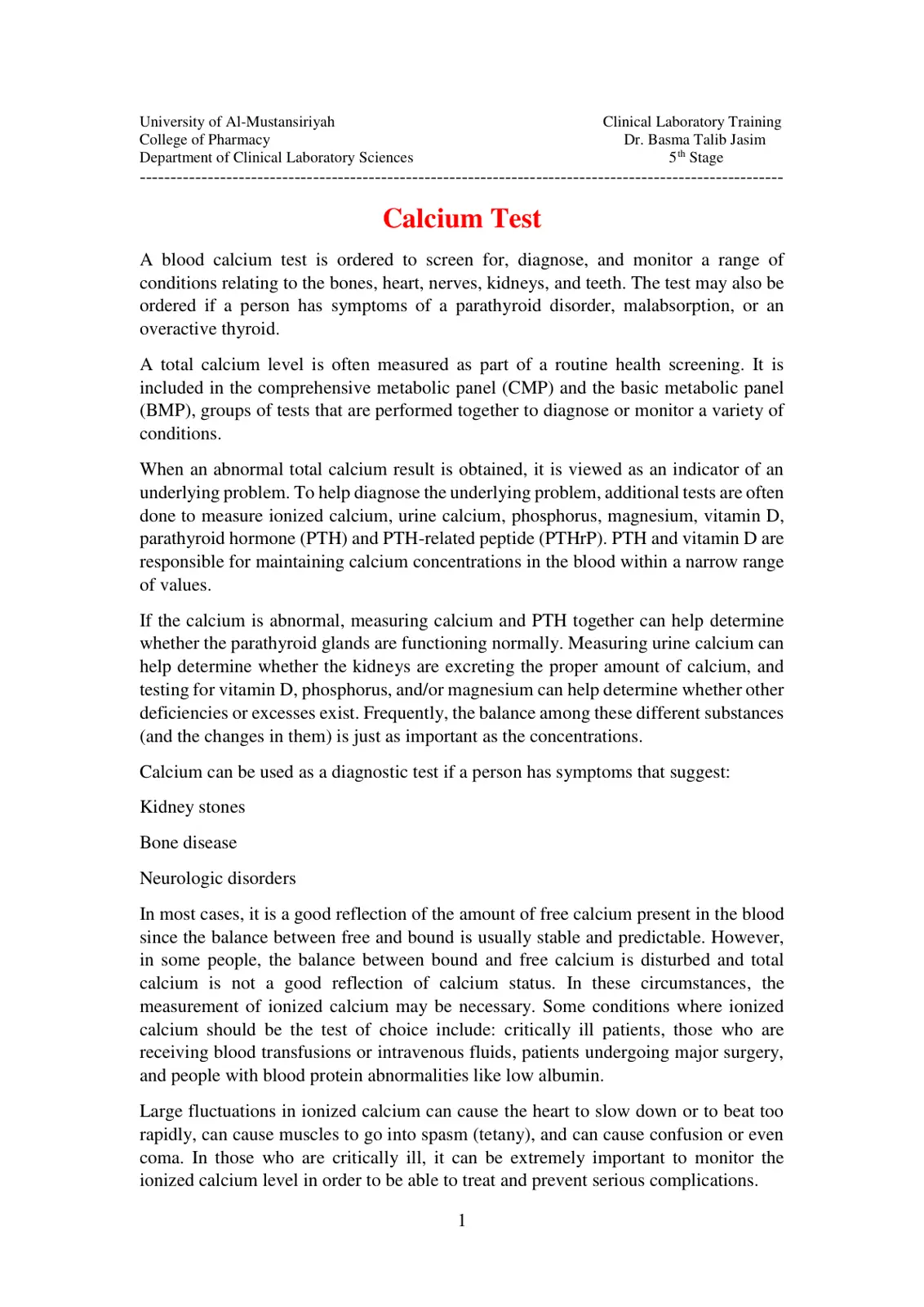 غلاف تقرير Clinical Laboratory Training - Calcium Test