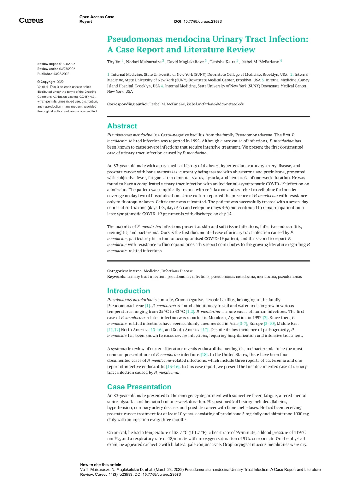 غلاف تقرير Pseudomonas mendocina Urinary Tract Infection: A Case Report and Literature Review