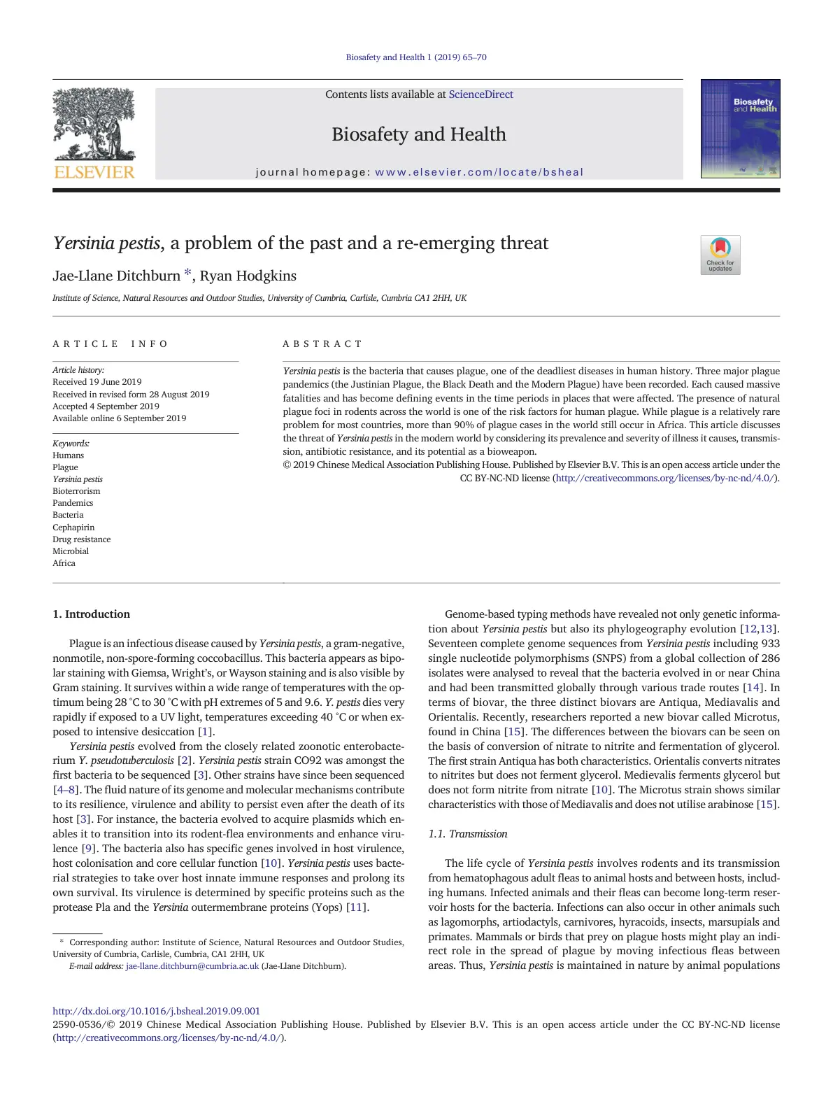 غلاف تقرير Yersinia pestis, a problem of the past and a re-emerging threat
