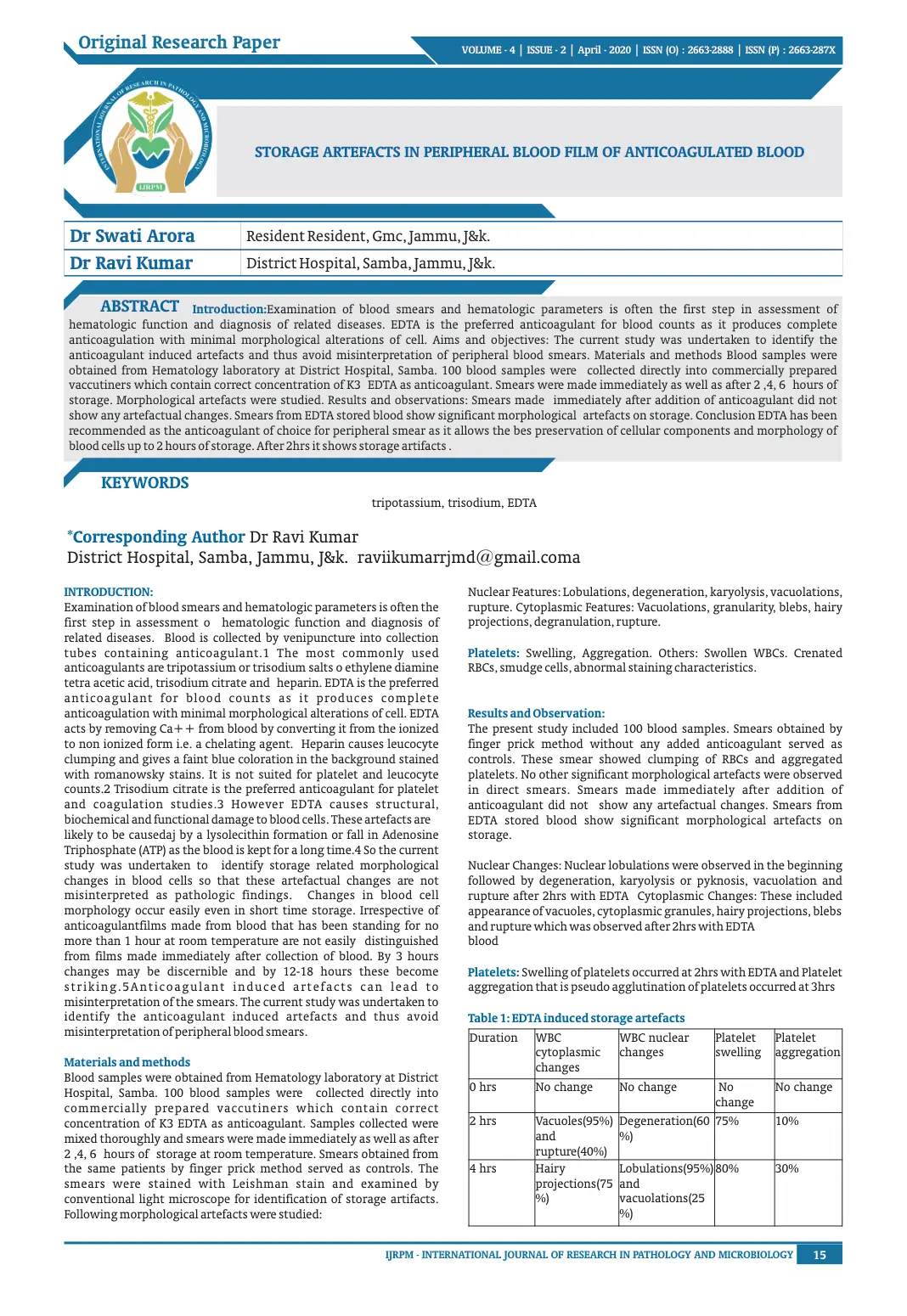 غلاف تقرير Storage Artefacts in Peripheral Blood Film of Anticoagulated Blood