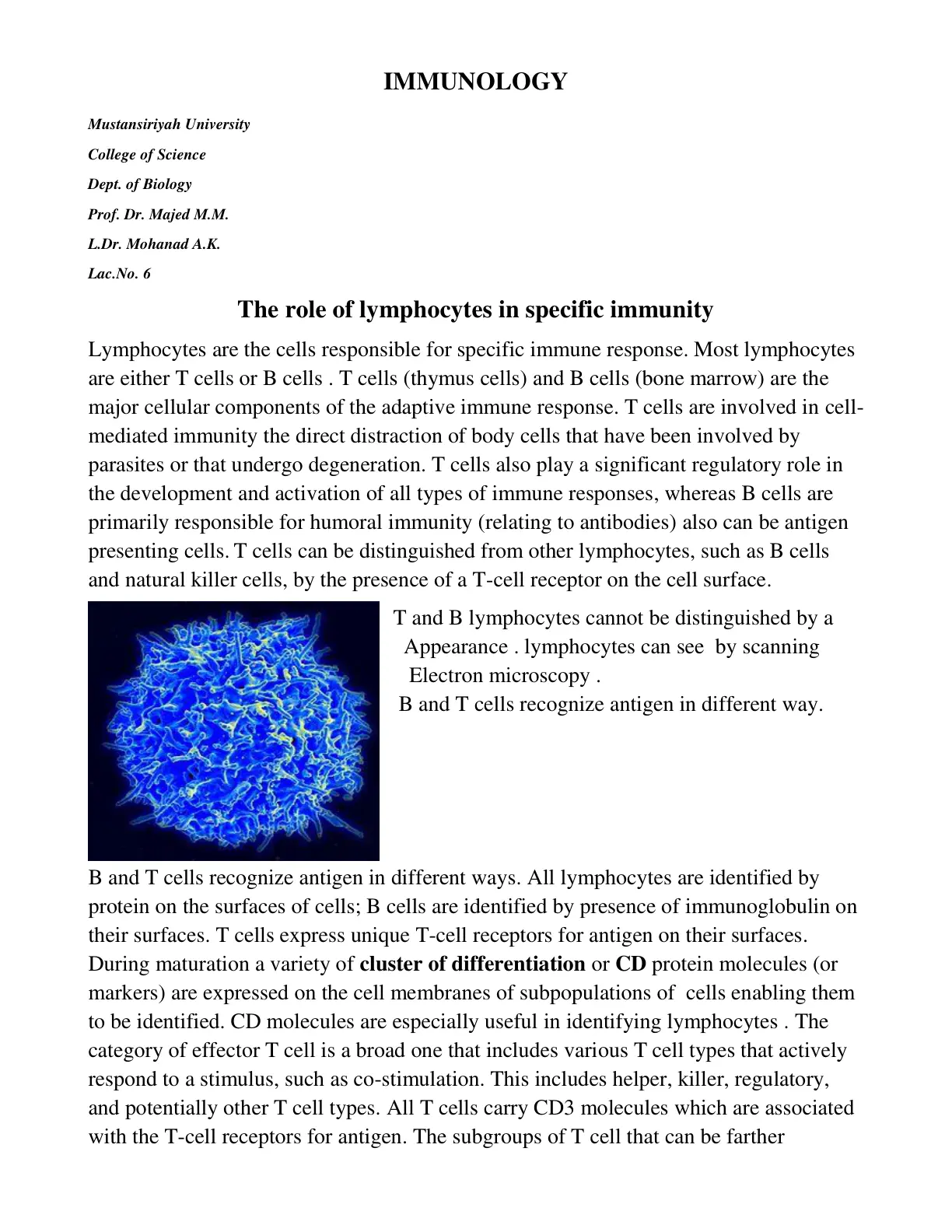 غلاف تقرير Immunology: The Role of Lymphocytes in Specific Immunity