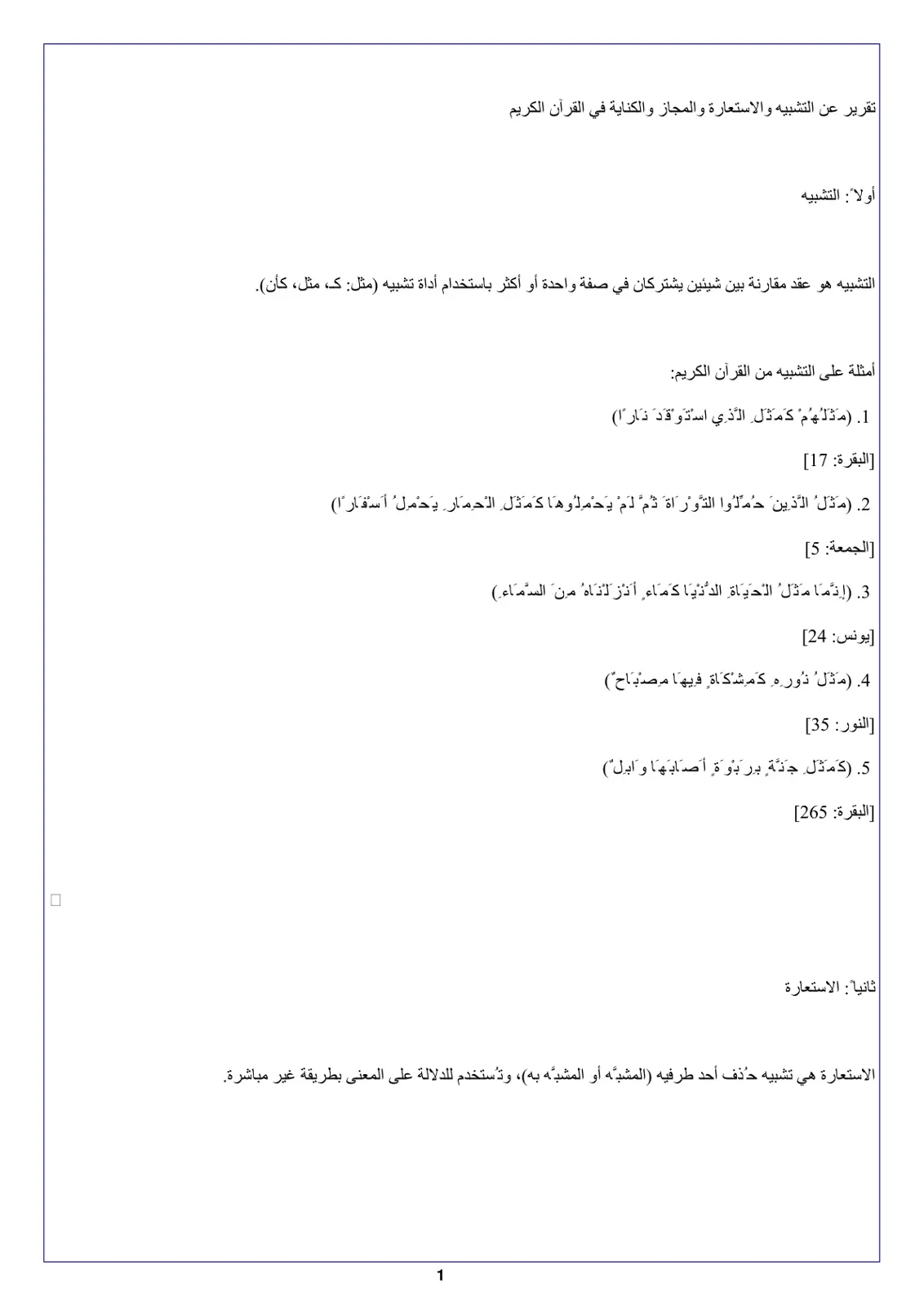 غلاف تقرير تقرير عن التشبيه والاستعارة والمجاز والكناية في القرآن الكريم