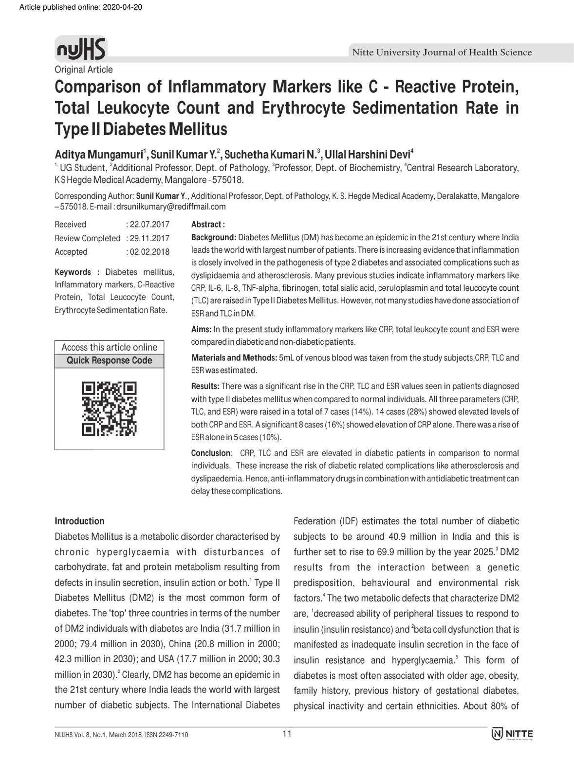 غلاف تقرير Comparison of Inflammatory Markers like C-Reactive Protein, Total Leukocyte Count and Erythrocyte Sedimentation Rate in Type II Diabetes Mellitus