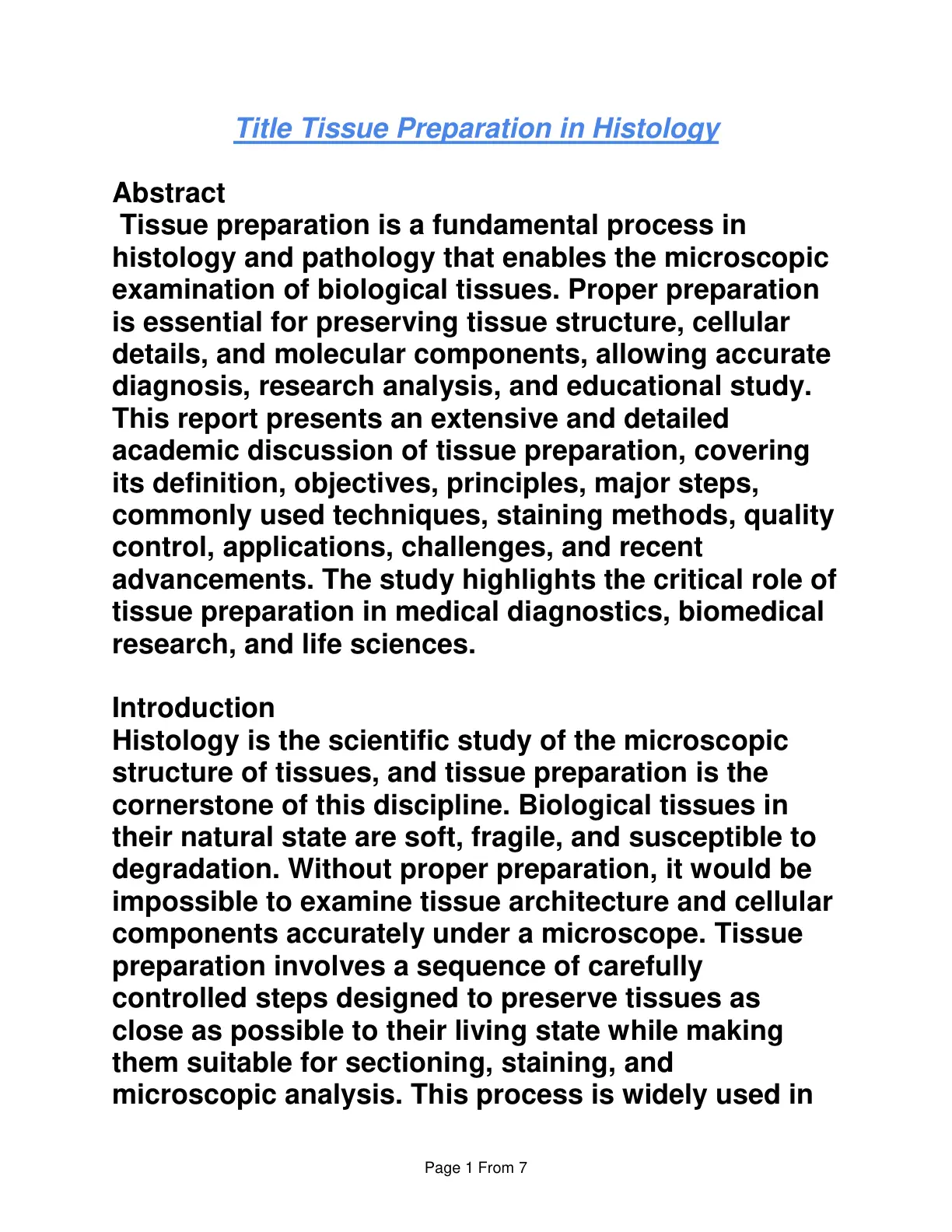 غلاف تقرير Tissue Preparation in Histology