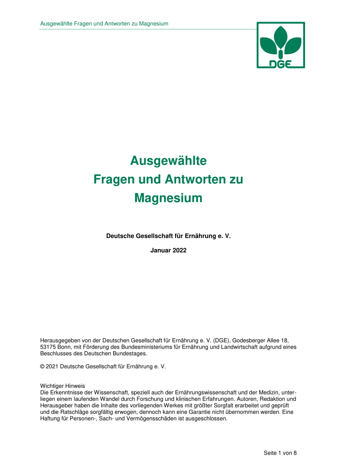 غلاف تقرير Ausgewählte Fragen und Antworten zu Magnesium