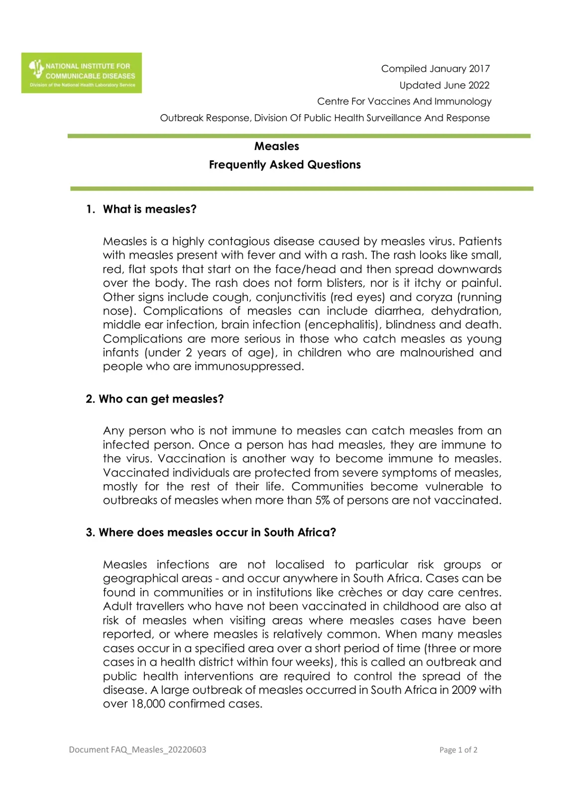 غلاف تقرير Measles Frequently Asked Questions