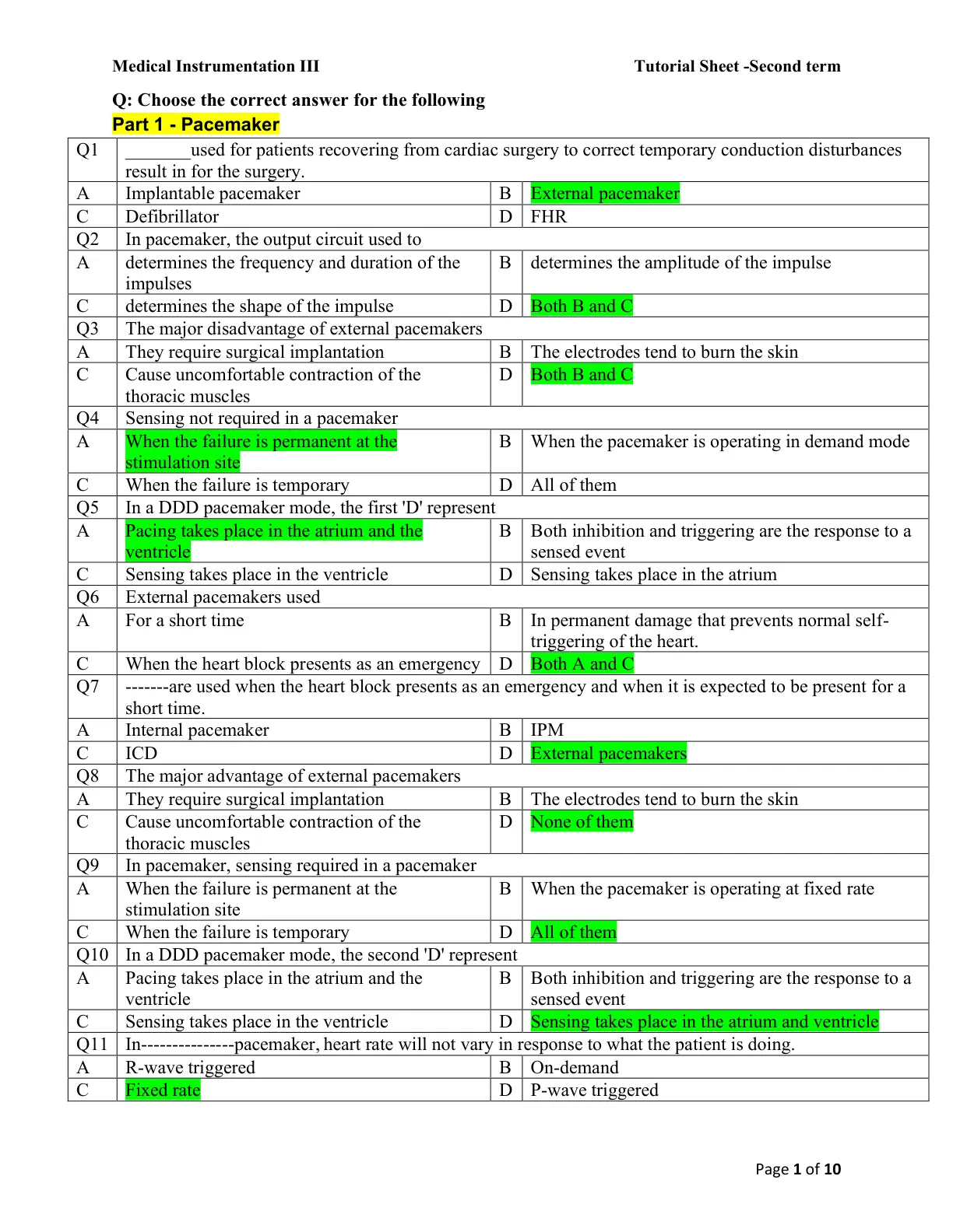 غلاف تقرير Medical Instrumentation III - Pacemaker Tutorial Sheet