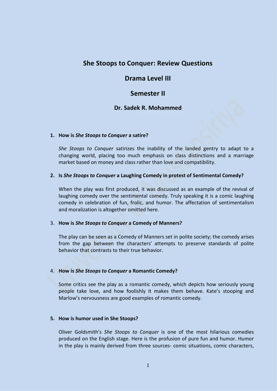 غلاف تقرير She Stoops to Conquer: Review Questions