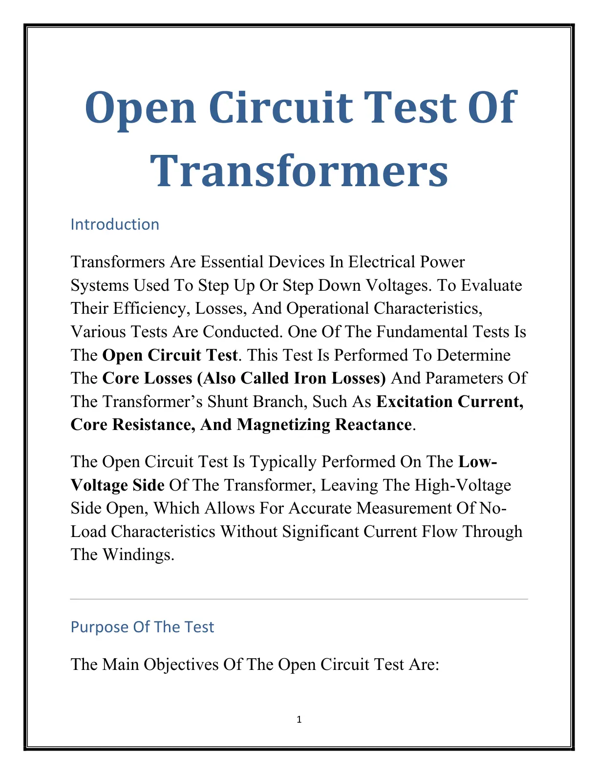 غلاف تقرير Open Circuit Test Of Transformers