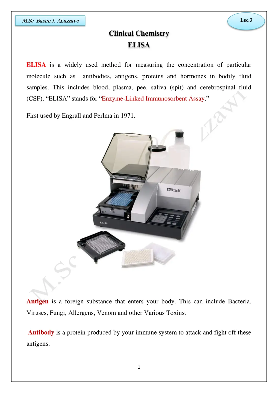 غلاف تقرير Clinical Chemistry Lec.3 ELISA