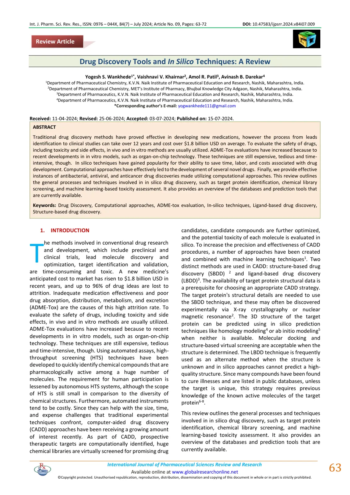 غلاف تقرير Drug Discovery Tools and In Silico Techniques: A Review
