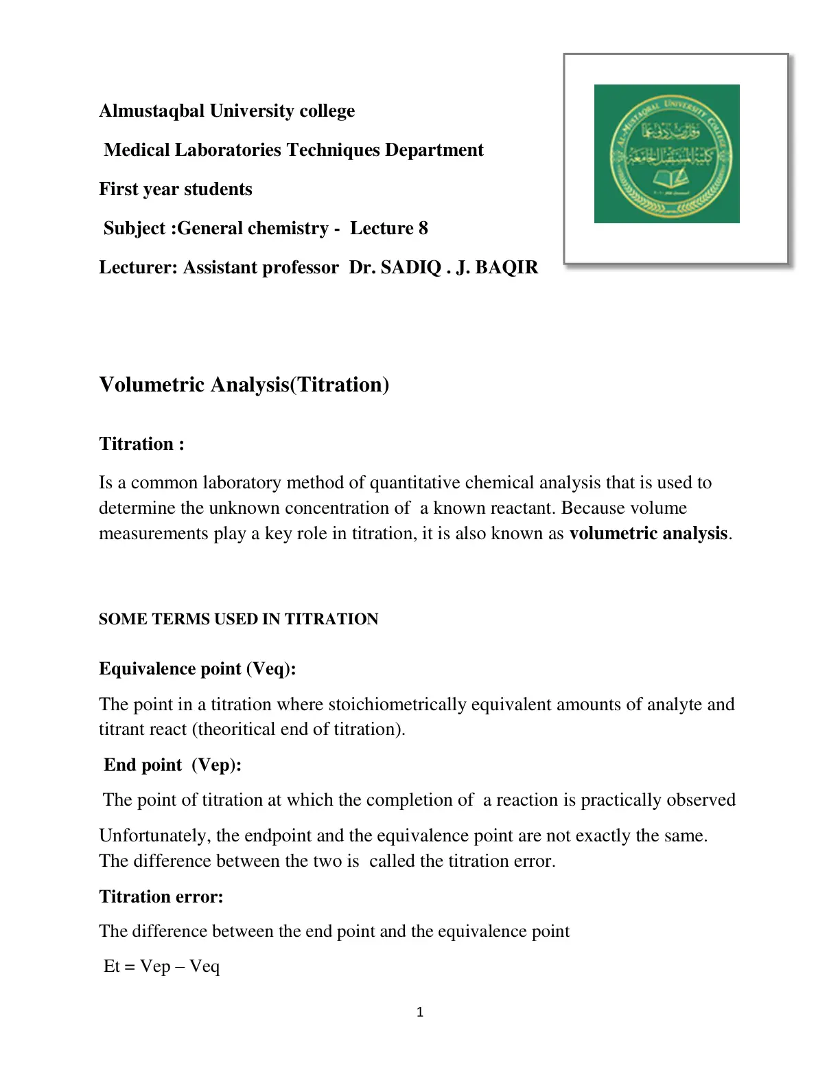 غلاف تقرير General Chemistry - Lecture 8: Volumetric Analysis (Titration)