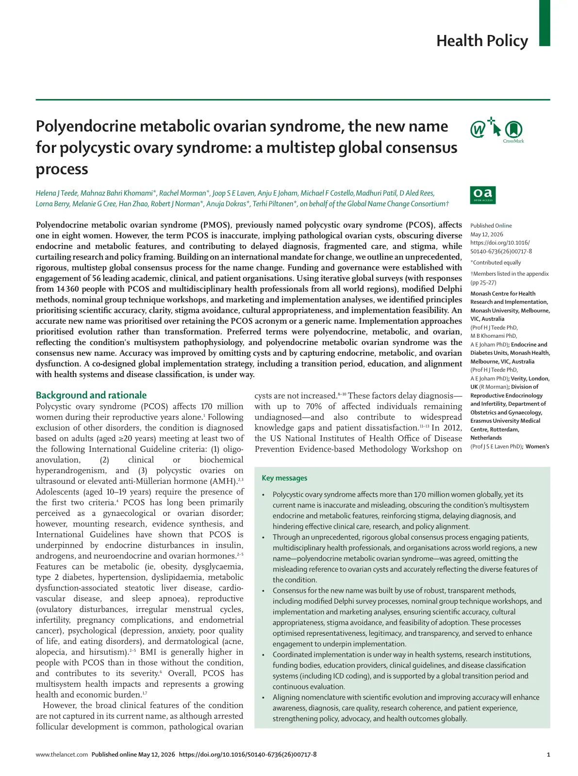 غلاف تقرير Polyendocrine metabolic ovarian syndrome, the new name for polycystic ovary syndrome: a multistep global consensus process