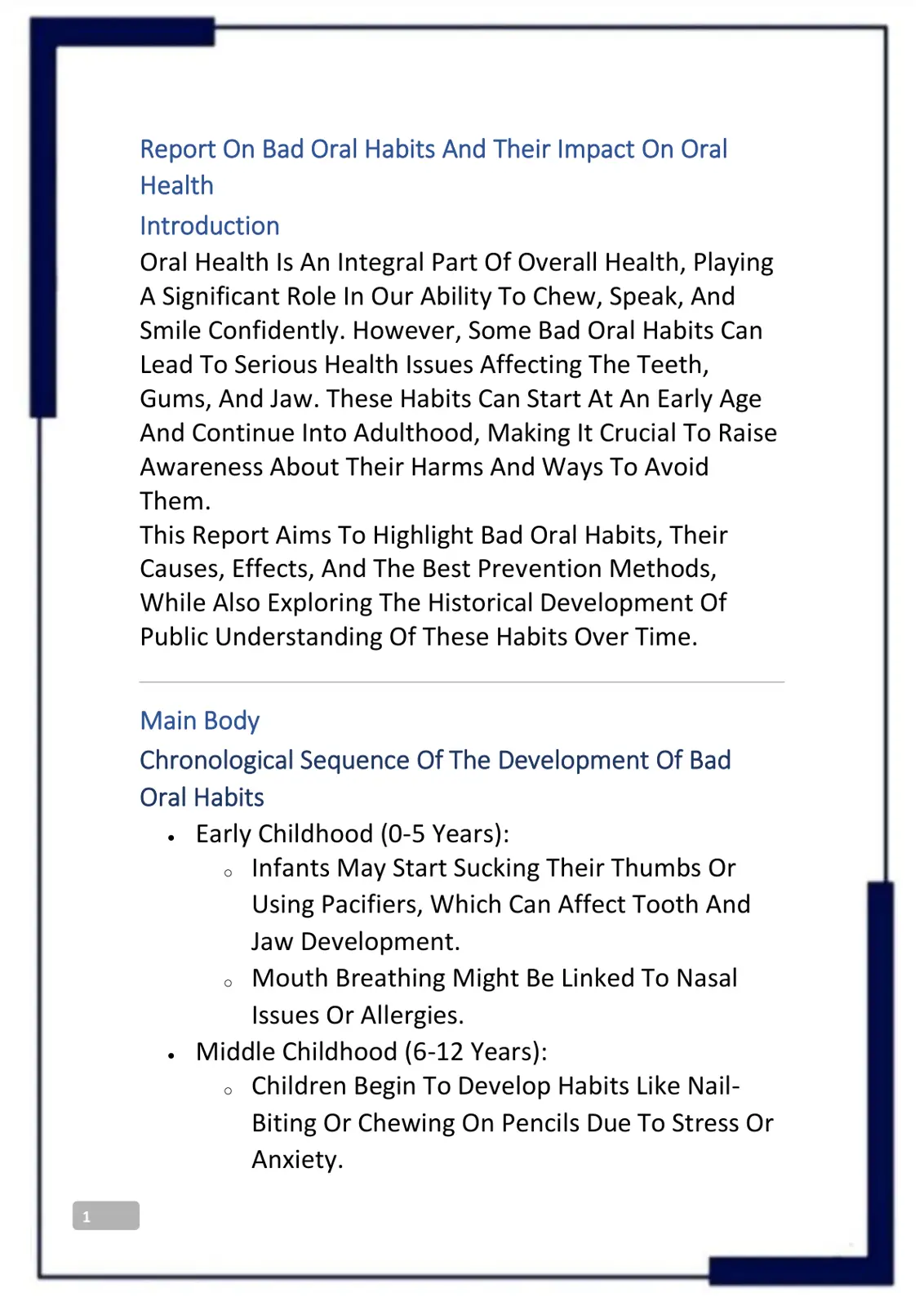 غلاف تقرير Report On Bad Oral Habits And Their Impact On Oral Health