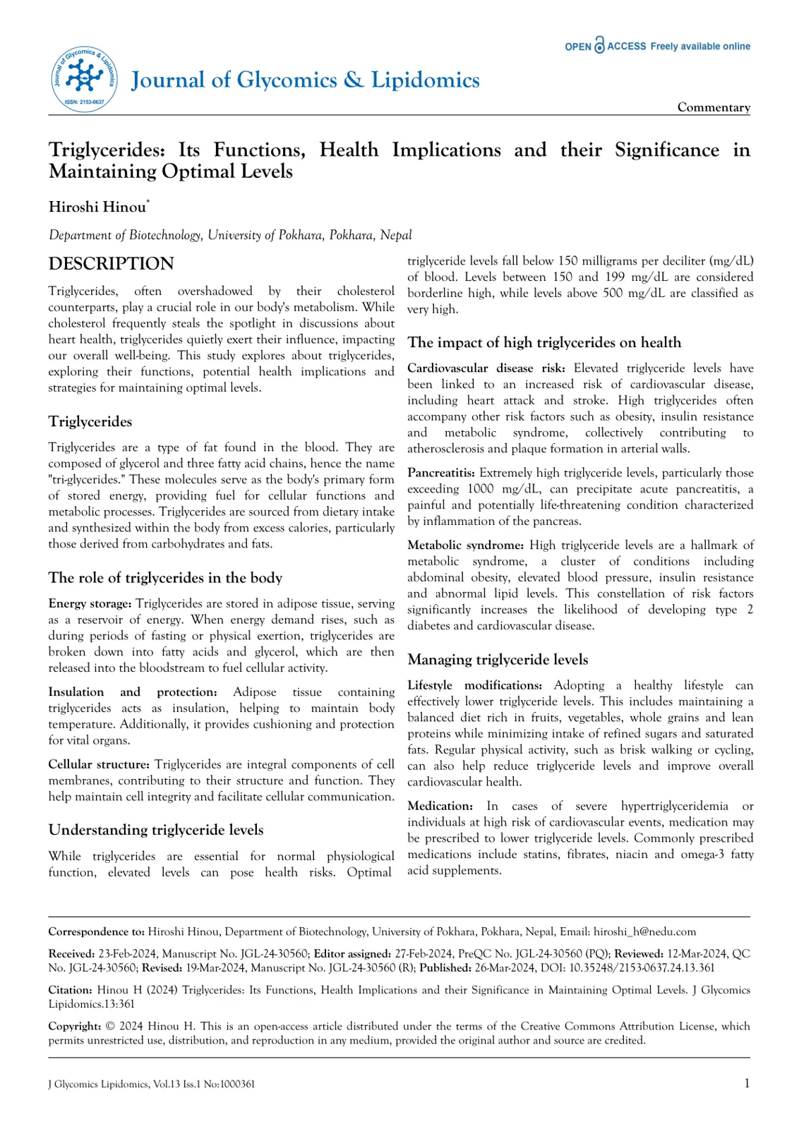 غلاف تقرير Journal of Glycomics & Lipidomics - Triglycerides: Its Functions, Health Implications