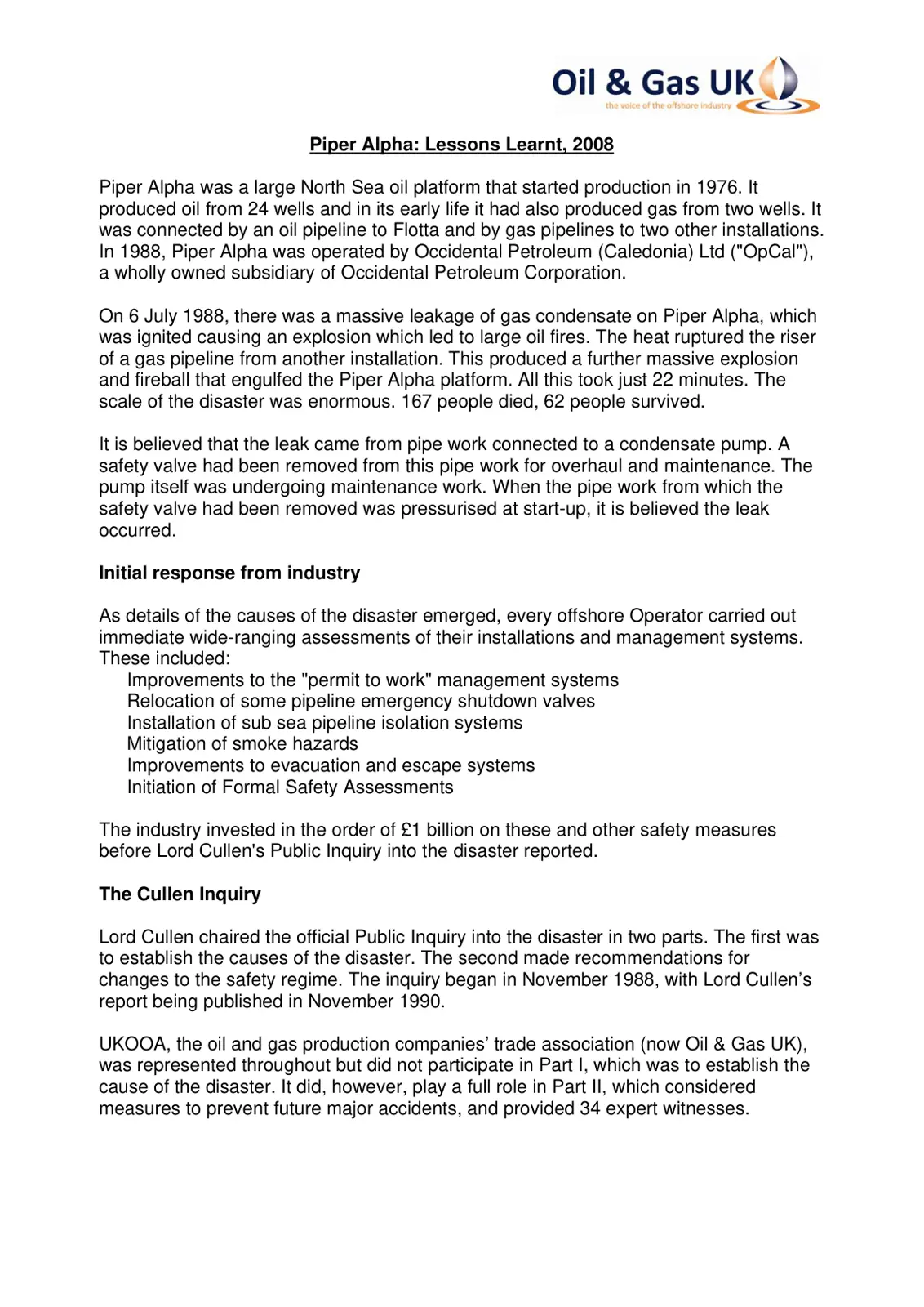 غلاف تقرير Piper Alpha: Lessons Learnt, 2008