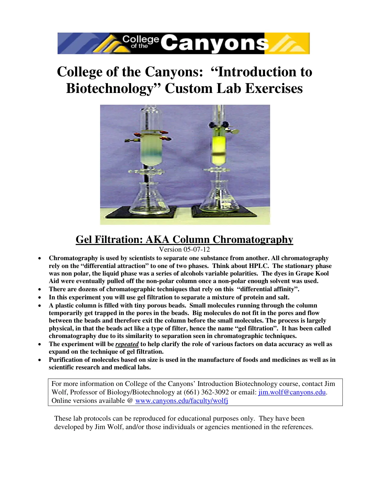 غلاف تقرير College of the Canyons: "Introduction to Biotechnology" Custom Lab Exercises