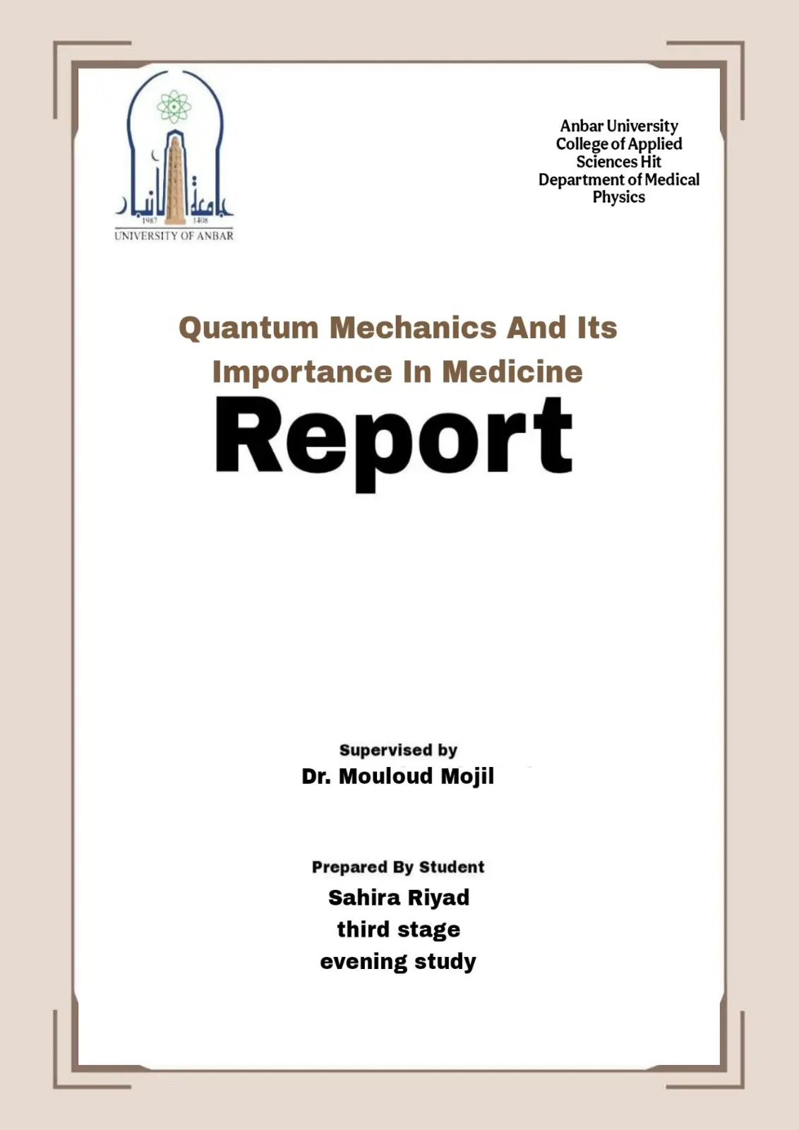غلاف تقرير Quantum Mechanics And Its Importance In Medicine