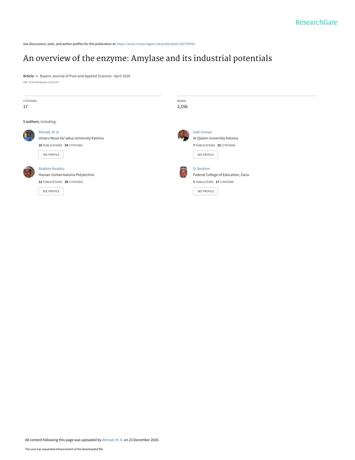 غلاف تقرير An overview of the enzyme: Amylase and its industrial potentials