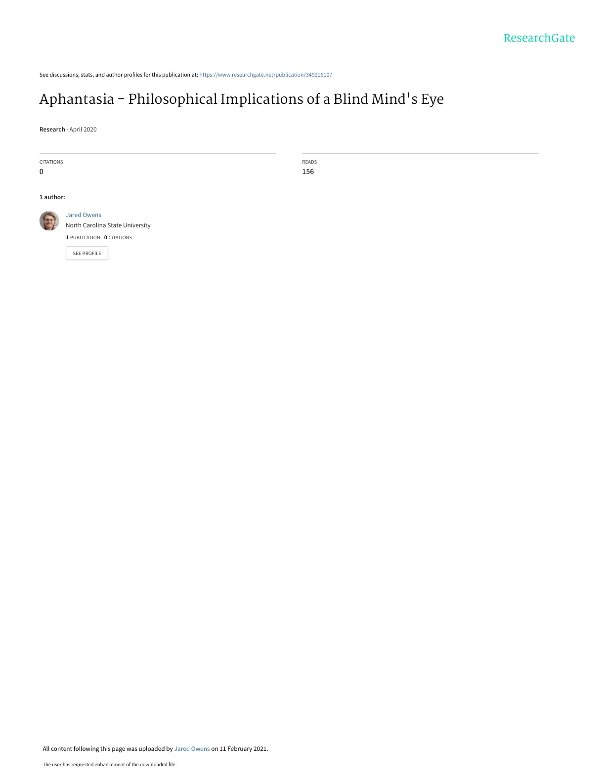 غلاف تقرير Aphantasia - Philosophical Implications of a Blind Mind's Eye