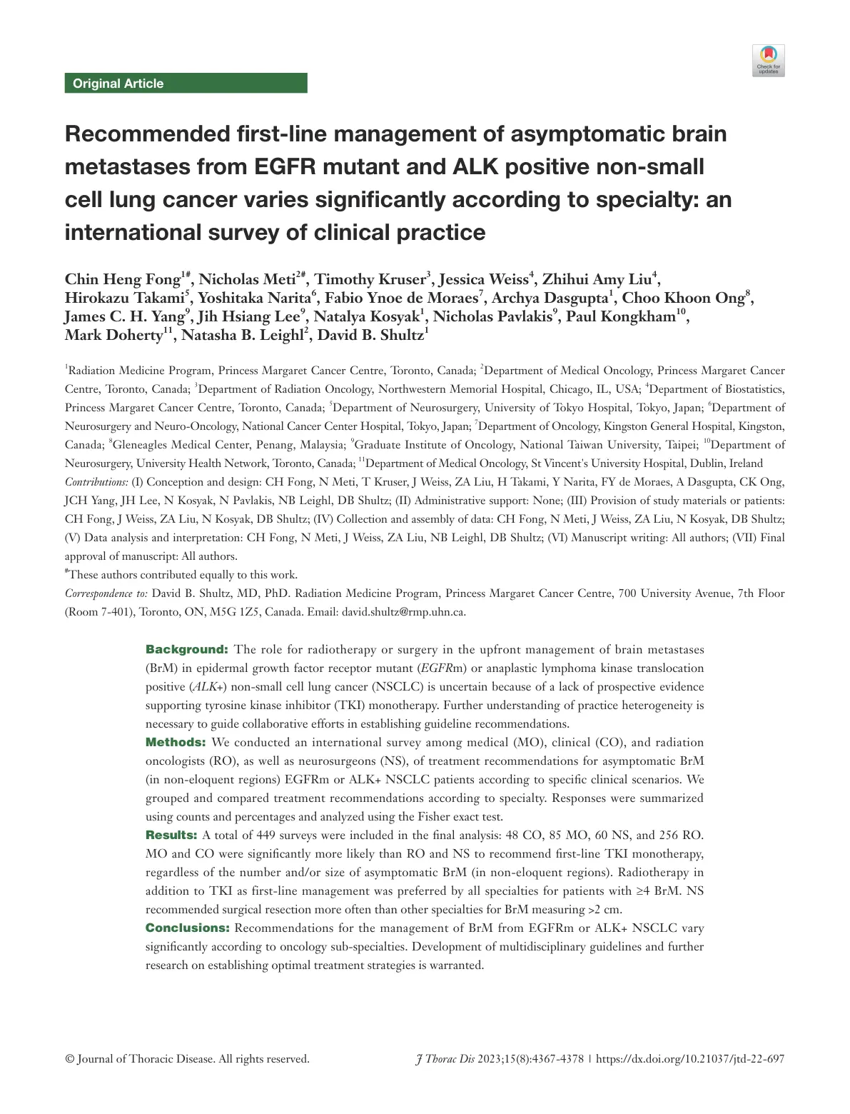 غلاف تقرير Recommended first-line management of asymptomatic brain metastases from EGFR mutant and ALK positive non-small cell lung cancer varies significantly according to specialty: an international survey of clinical practice