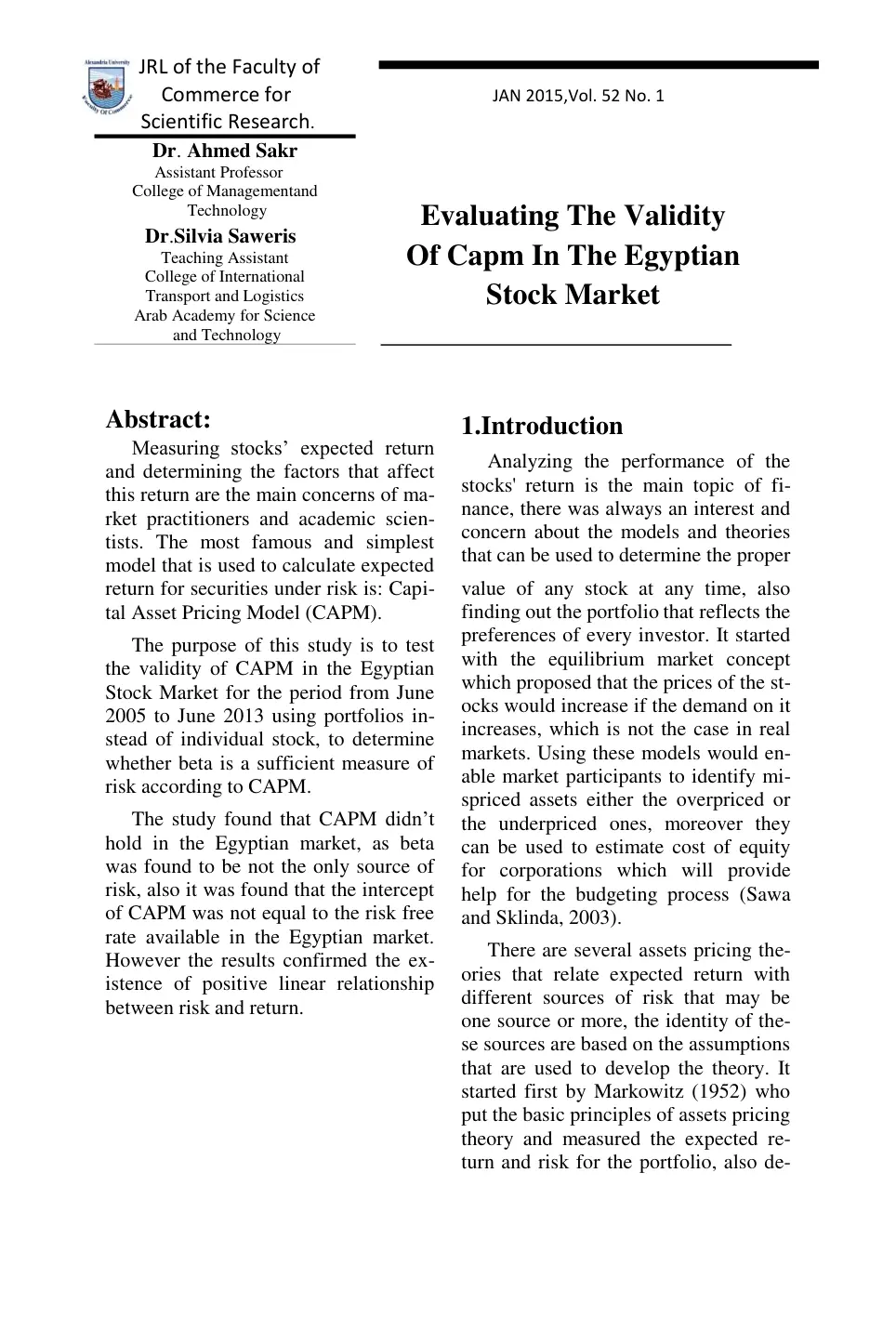 غلاف تقرير Evaluating The Validity Of CAPM In The Egyptian Stock Market