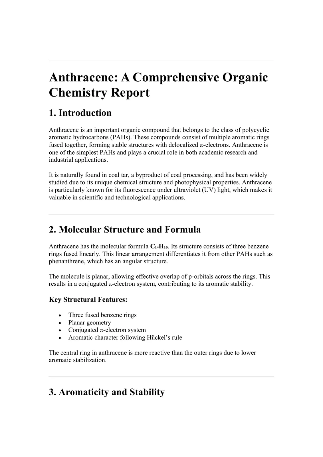 غلاف تقرير Anthracene: A Comprehensive Organic Chemistry Report