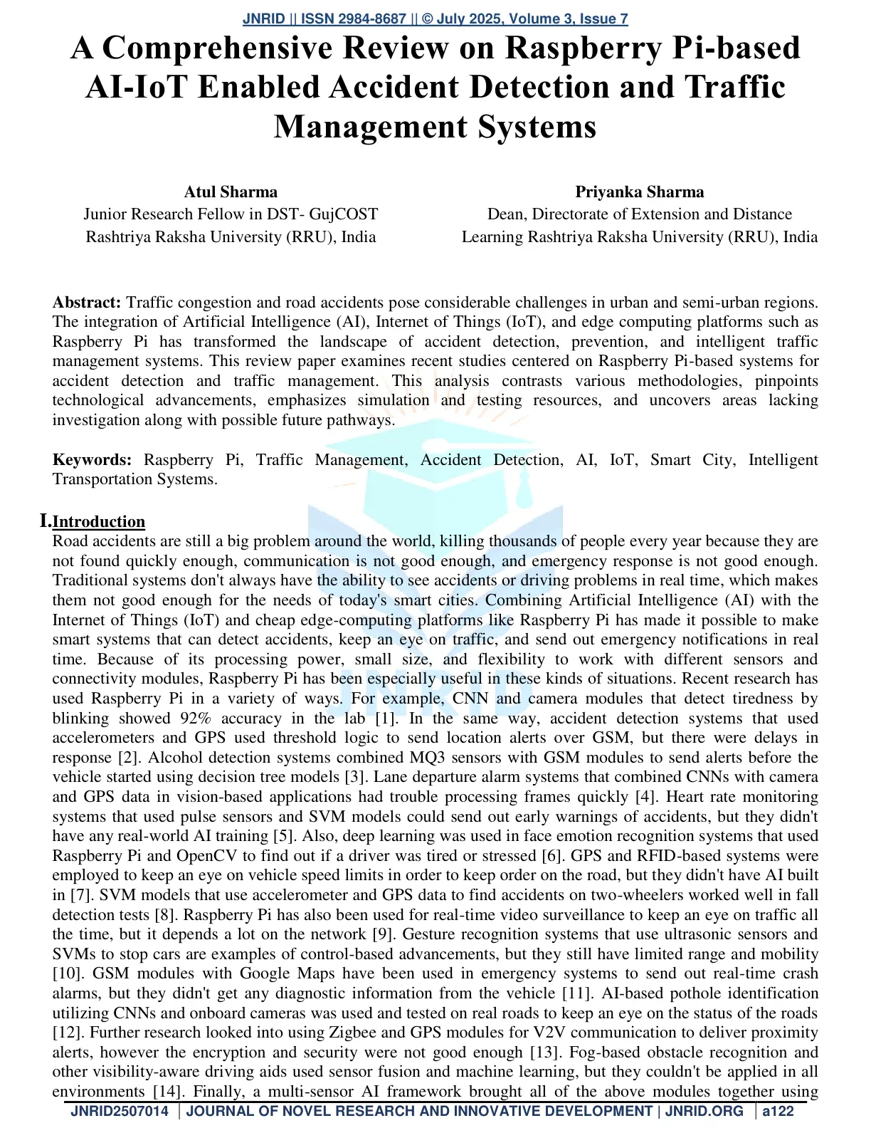 غلاف تقرير A Comprehensive Review on Raspberry Pi-based AI-IoT Enabled Accident Detection and Traffic Management Systems