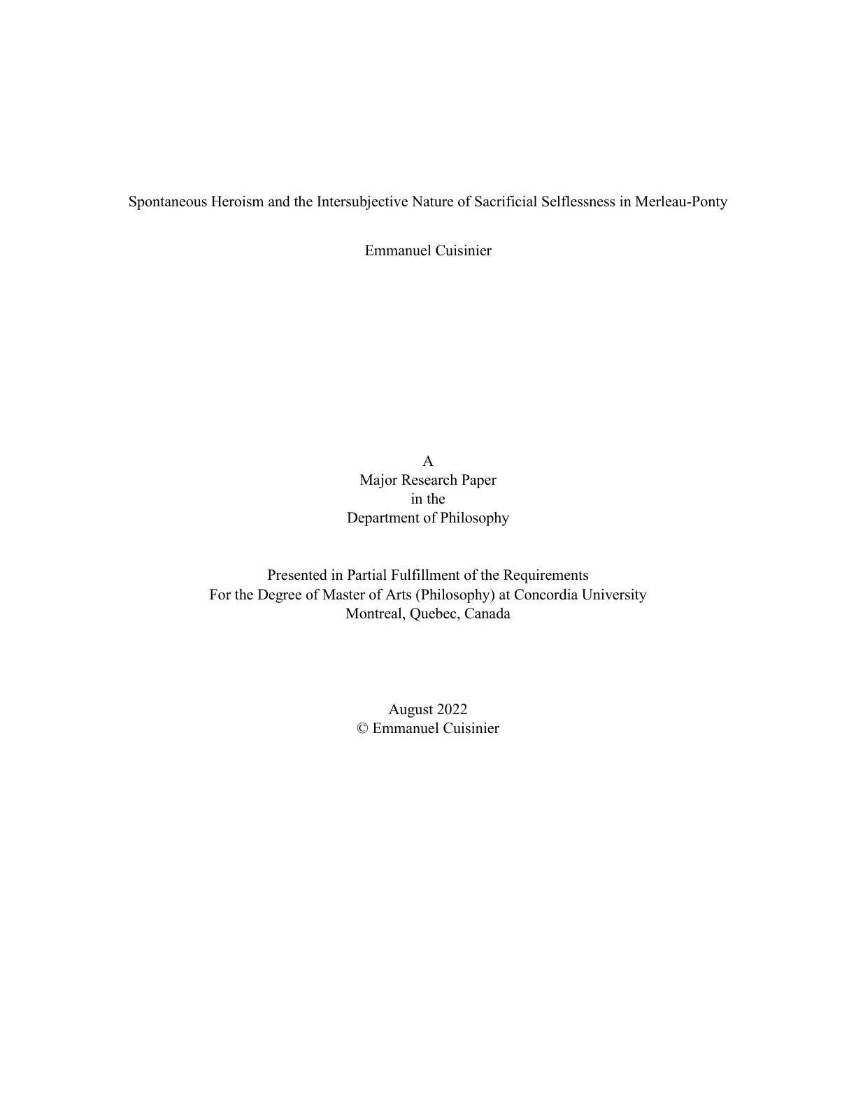 غلاف تقرير Spontaneous Heroism and the Intersubjective Nature of Sacrificial Selflessness in Merleau-Ponty