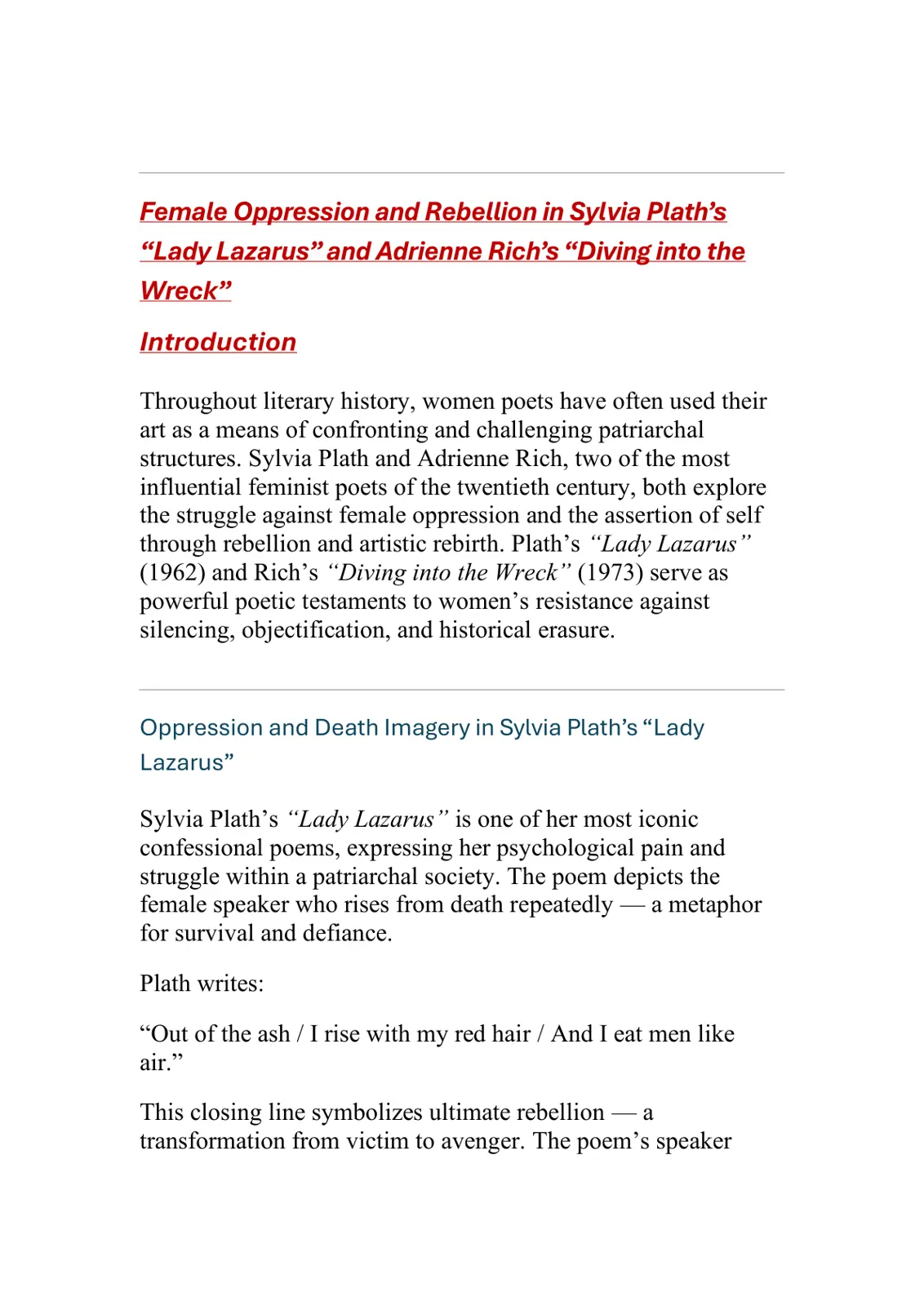 غلاف تقرير Female Oppression and Rebellion in Sylvia Plath's "Lady Lazarus" and Adrienne Rich's "Diving into the Wreck"