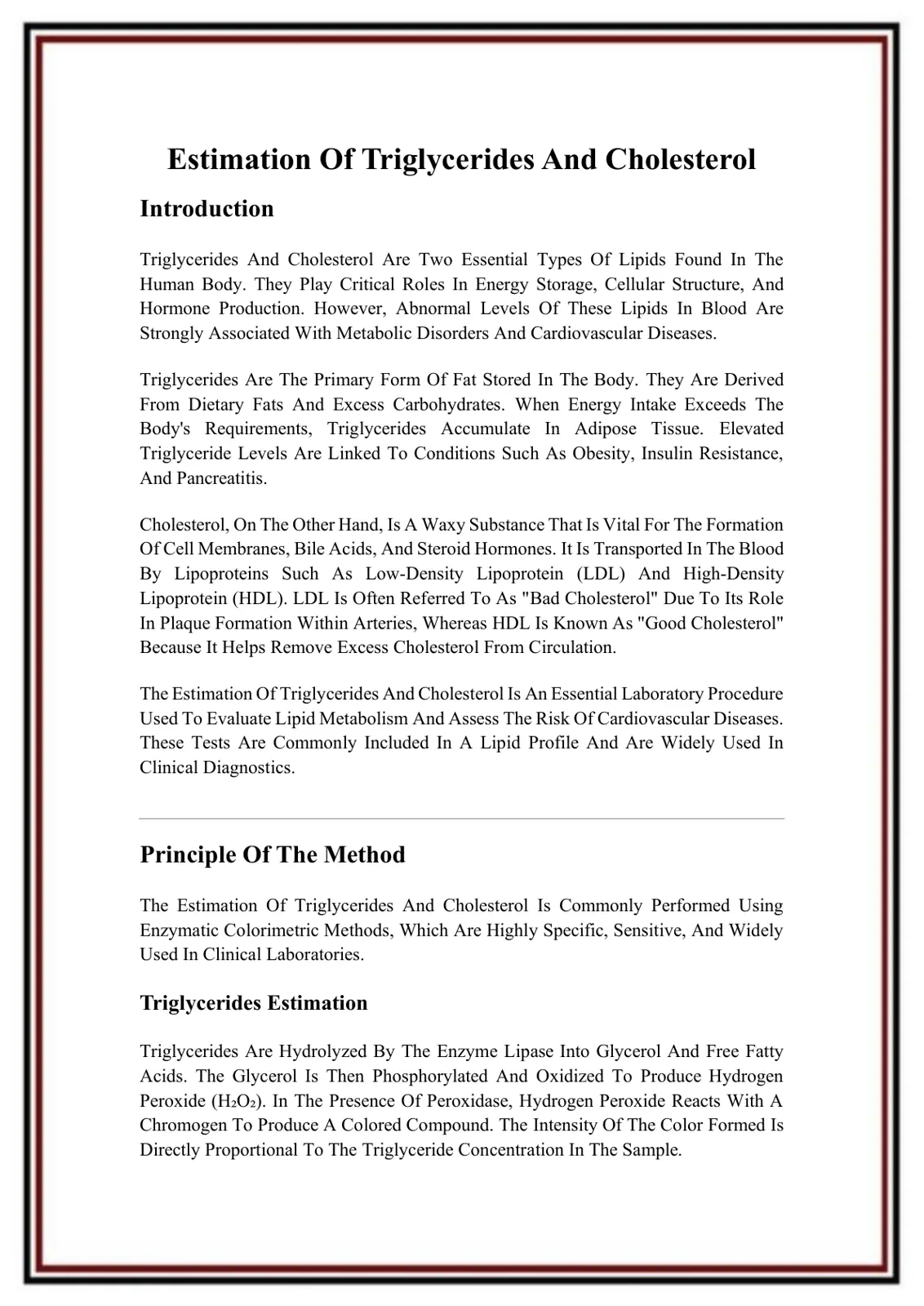 غلاف تقرير Estimation Of Triglycerides And Cholesterol