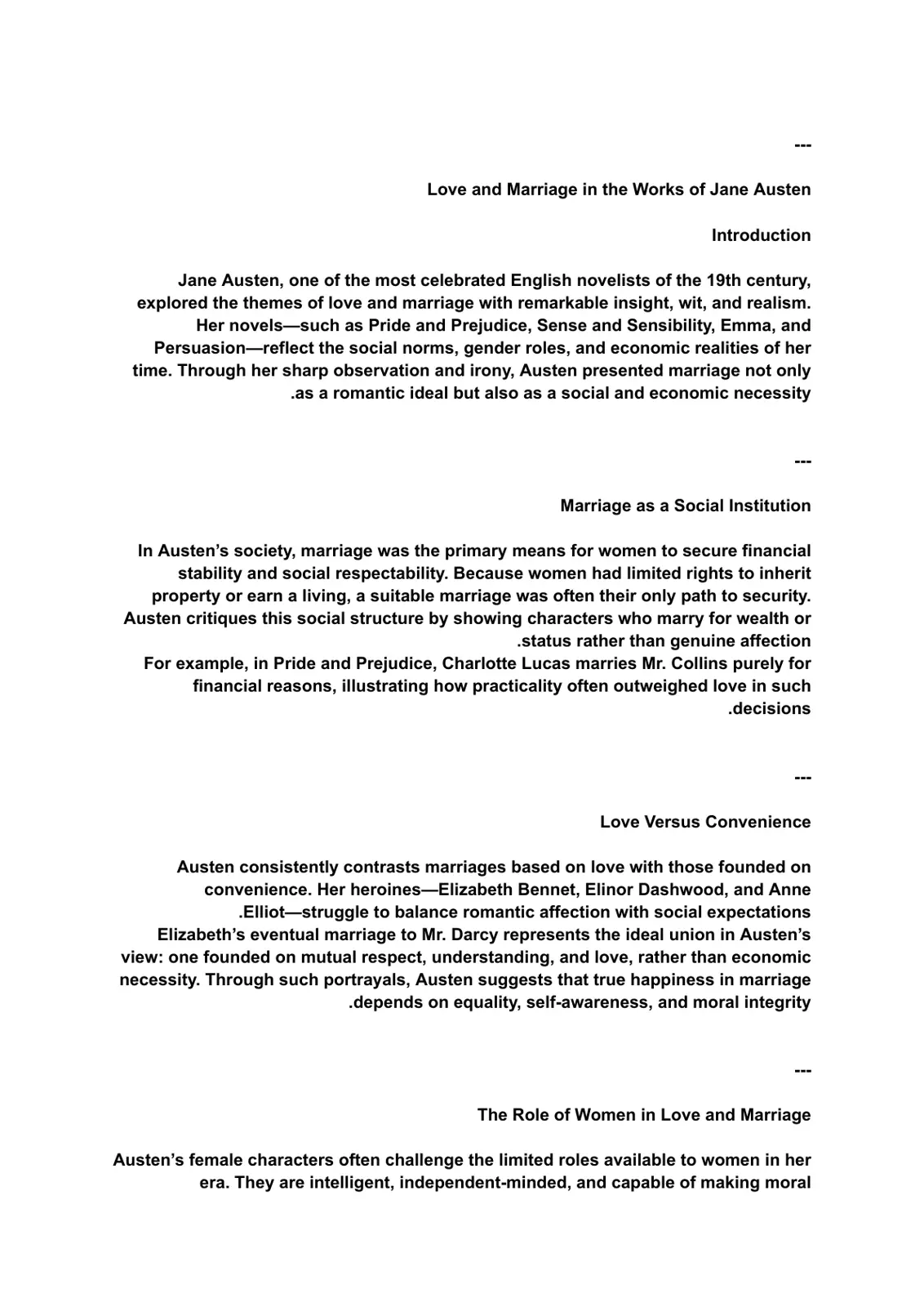 غلاف تقرير Love and Marriage in the Works of Jane Austen