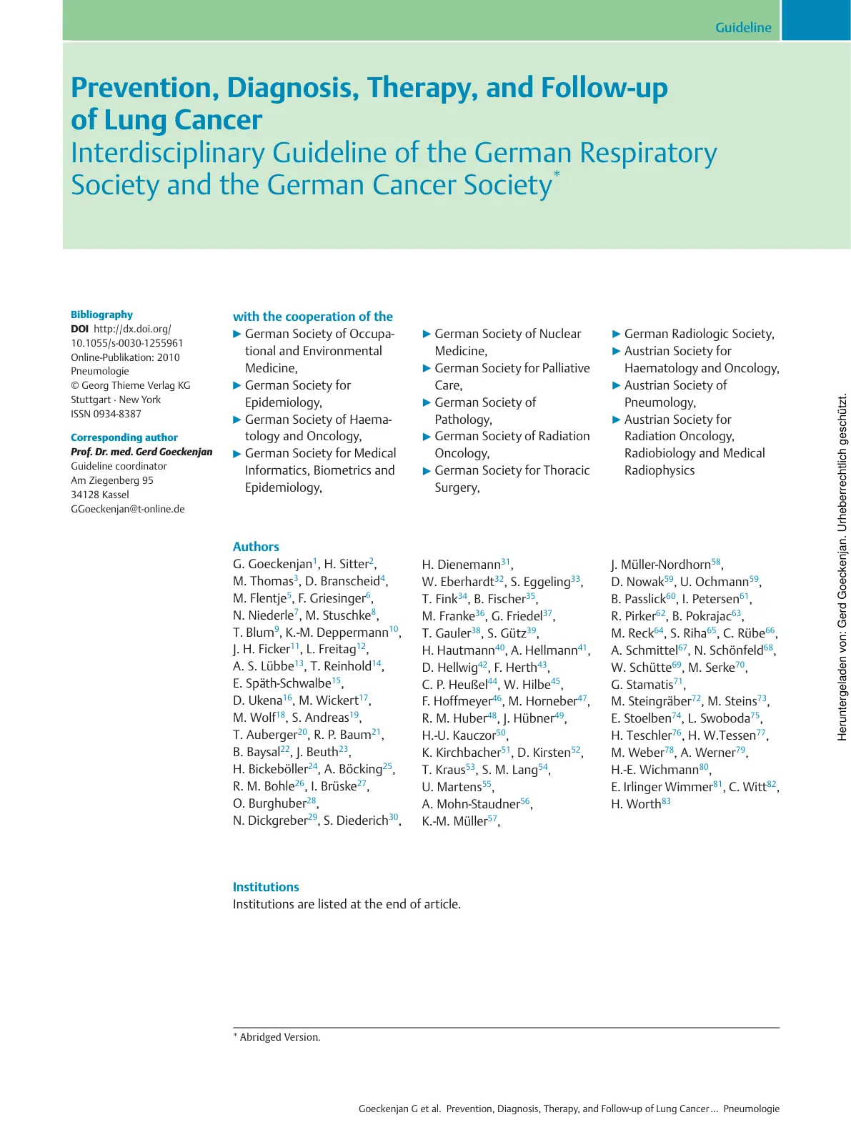 غلاف تقرير Prevention, Diagnosis, Therapy, and Follow-up of Lung Cancer Interdisciplinary Guideline of the German Respiratory Society and the German Cancer Society